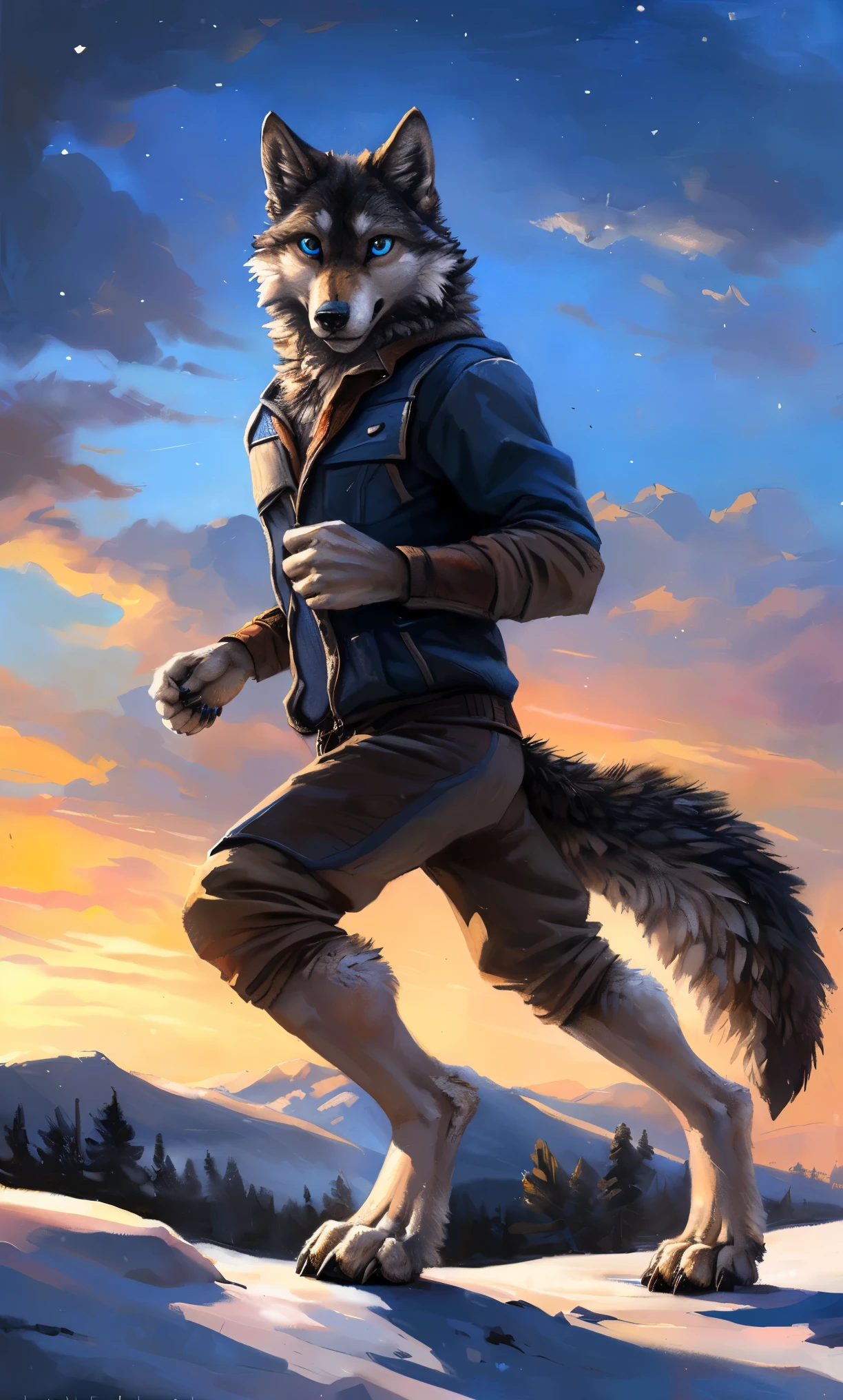 ((Solo)), male people, anthro wolf, (Multi-colored fur, White-brown:1.3，White tail pointed), (Height 2.1m,Tail length 1.2m), ((Wolf face, Big eyes, White eyelids, Blue pupil, Slim:1.2) (Tough, Calm expression:1.2)), Slim, pinging)), (Correct anatomy), (Winter clothing:1.1), The upper body  naked, (detailed outfits),A long big tail，Feet，(Realistic fur, Detailed fur texture, labeled:1.3)), (Natural lighting), Photorealistic, Hyperrealistic, ultradetailed, by Kenket，Snowfield，erect through，Running on