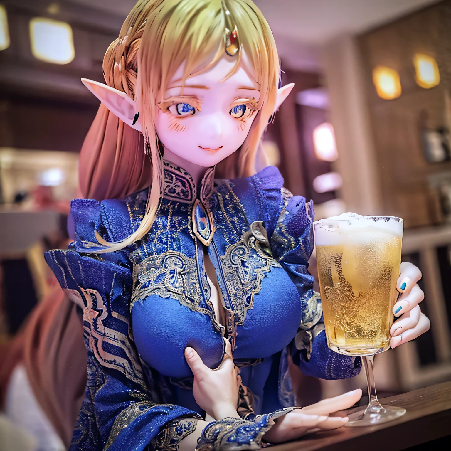 (realistic:1.2),Beautiful detailed elves,flowing long hair,Uncle Sui from another world,at the bar,highly detailed eyes,pointy ears,flowing cloak,dreamy background,fantastic atmosphere,soft lighting,subtle reflection,Expressive facial features,elf jewelry,Enchanting forest scenery,Captivating color palette,lively atmosphere,mysterious aura,magic essence,Elf character inscription,hidden symbol,quirky elements,shining particles,Fiery sparks,Dancing Shadows,elegant posture,charming gaze,enchanting smile,sublime beauty,extraordinary charisma,Creepy Presence(((((((blue color sexy long dress)))))))
blonde
(((drink beer at the pub)))