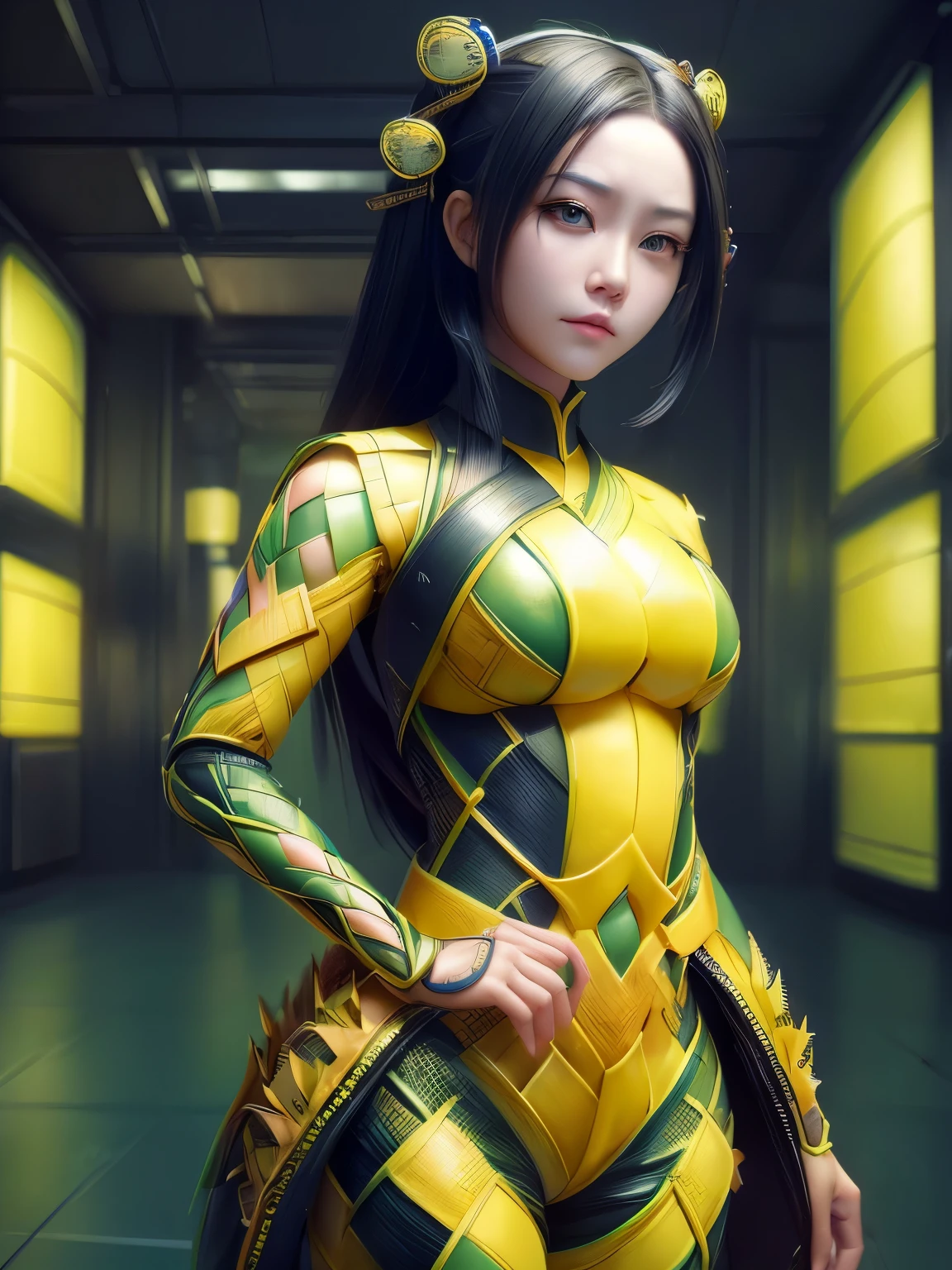 (high quality), (masterpiece), (detailed), 8K, Hyper-realistic portrayal of a futuristic (1girl1.2), Japanese character with intricate ketupat-inspired attire. Meticulous details capture the fusion of traditional and futuristic elements in this visually stunning composition. Trending on Artstation.