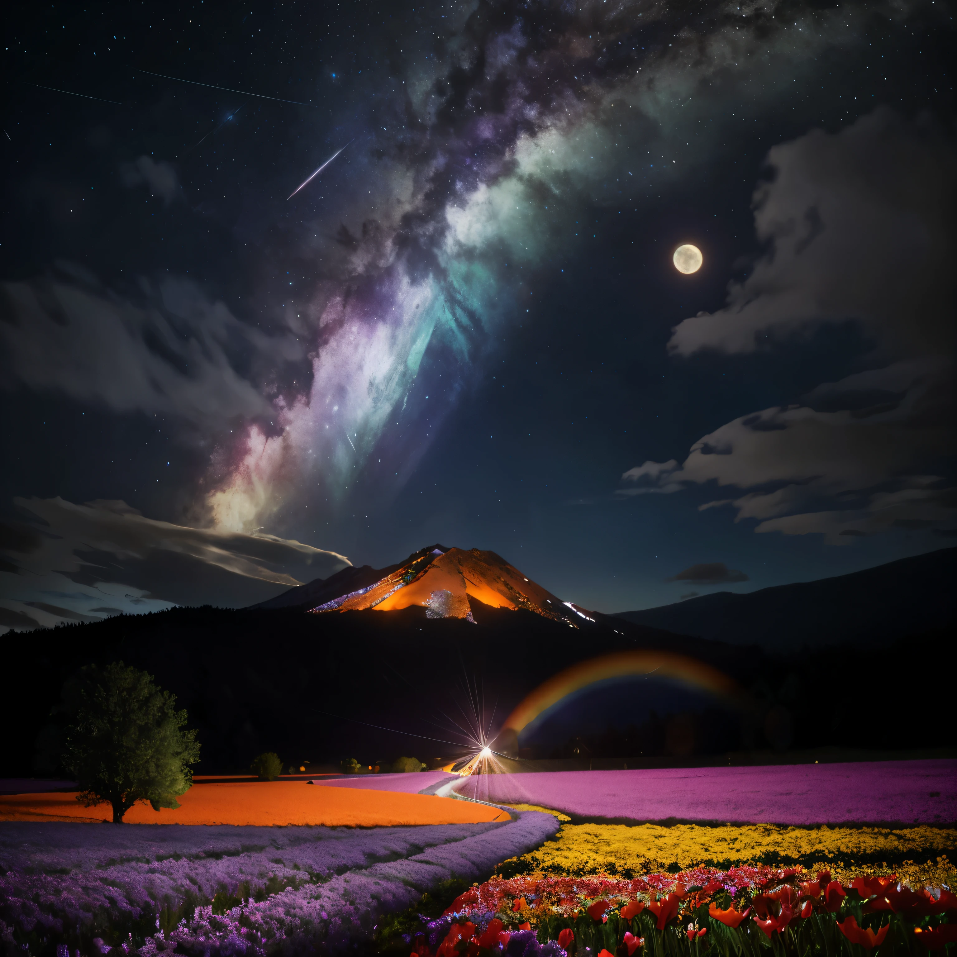 vast landscape photos，（View of the sky and wilderness below），Standing in the flower field and looking up，（full moon：1.2），（meteor：0.9），（nebula：1.3），distant mountains，The art of breaking trees，（Warm light source：1.2），（firefly：1.2），Deng Deng，purple and orange，intricate details，Volumetric lightingBREAK（masterpiece：1.2）， （best quality），4K，Super exquisite，（Dynamic configuration：1.4），Highly detailed and colorful details（rainbow colors：1.2），（sparkling lights，mood lighting），dream magic，magic，（alone：1.2）lake water