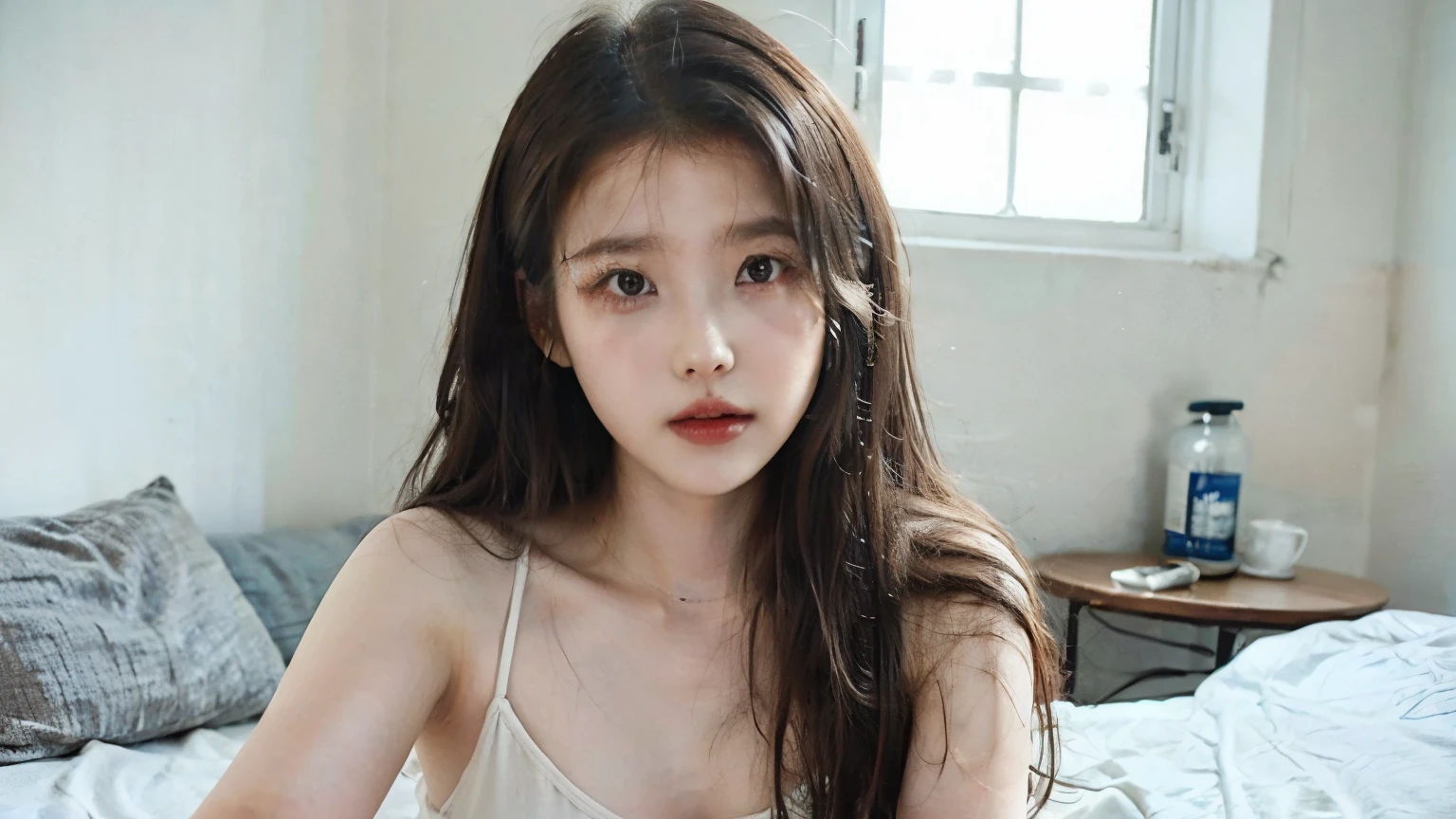 Portrait, iu1, look at viewer, long hair, tank top, half naked, white bedroom