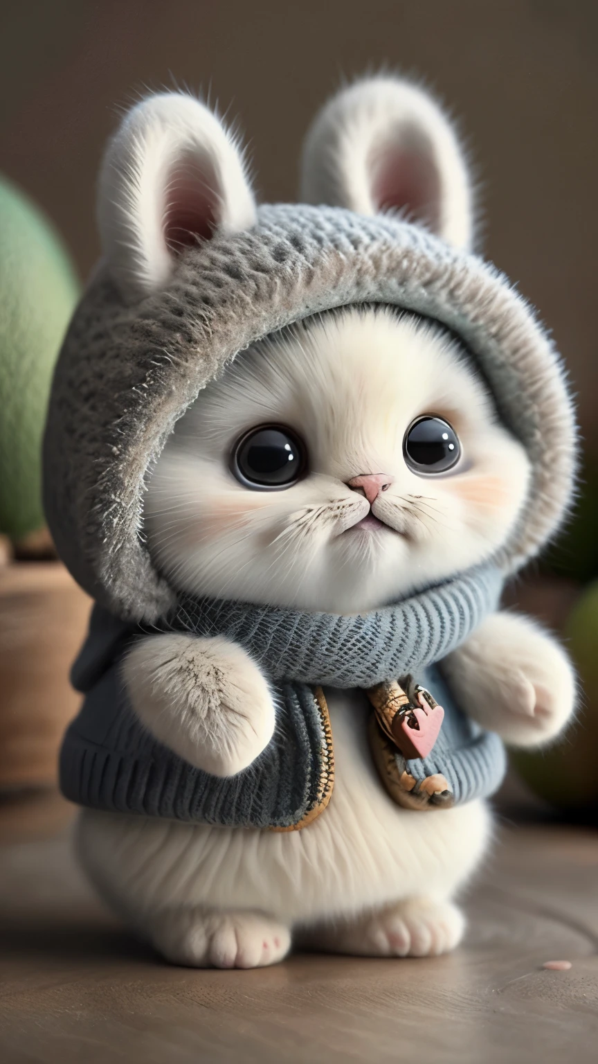 cute kitten、Fluffy fur、short torso、super cute、3D、eating kiwi、
