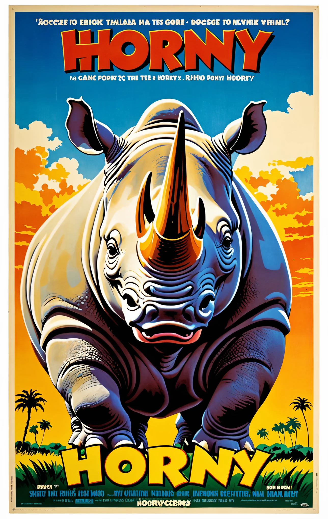 Cartoon of a happy Rhinoceros, with title "HORNY" on it
,Movie Poster, MoviePosterRedAF, high saturation highres detailed high quality