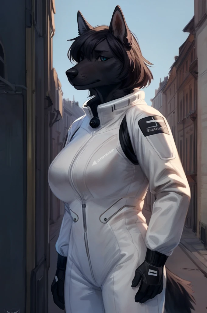 By bebebebebe, by lostgoose, by goonie-san, solo, female, canine, (((hair, dalmation))), standing, (tail, snout, detailed eyes), standing, (french city), ((burberry spacesuit)), 