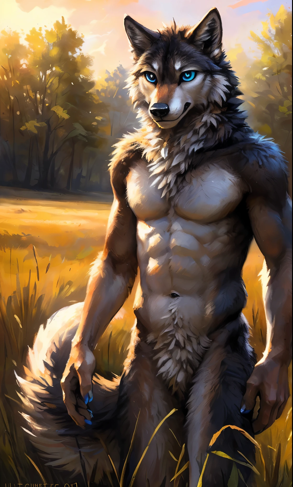 ((Solo)), male people, anthro wolf, (Multi-colored fur, White-brown:1.3，White tail pointed), (Height 2.1m,Tail length 1.5m), ((Wolf face, Big eyes, White eyelids, Blue pupil, Slim:1.2) (Tough, Calm expression:1.2)), Abs, Slim, pinging)), (Correct anatomy), Naked all over the body,A long big tail，Feet，(Realistic fur, Detailed fur texture, labeled:1.3)), (Natural lighting), Photorealistic, Hyperrealistic, ultradetailed, by Kenket，Field，No artifacts