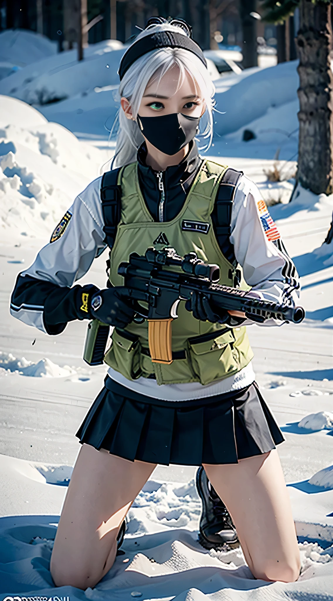 ((Best quality)), (Masterpiece), Photorealistic, Photorealism, 1 girl kneeling and aiming with an AK-47 assault rifle, Mini skirt, (upper legs), Photorealistic, high resolution,Snow background, looking to the camera, (Detailed face), White hair, SWAT vests, Gun, jewelry,Black gloves, sunglasses on head, Fingers are occluded