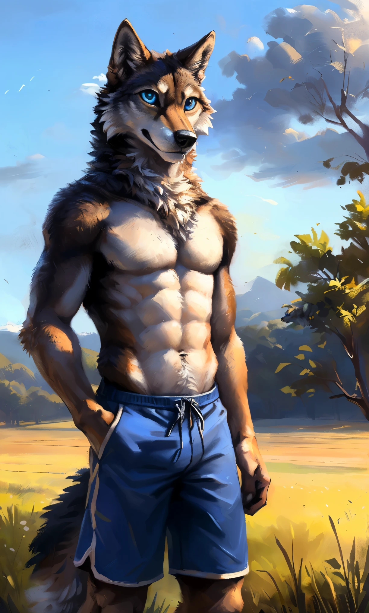 ((Solo)), male people, anthro wolf, (Multi-colored fur, White-brown:1.3，White tail pointed), (Height 2.1m,Tail length 1.2m), ((Wolf face, Big eyes, White eyelids, Blue pupil, Slim:1.2) (Tough, Calm expression:1.2)), Abs, Slim, pinging)), (Correct anatomy), (Work shorts:1.1), The upper body  naked, (detailed outfits),A long big tail，Feet，(Realistic fur, Detailed fur texture, labeled:1.3)), (Natural lighting), Photorealistic, Hyperrealistic, ultradetailed, by Kenket，Field，erect through，Running on