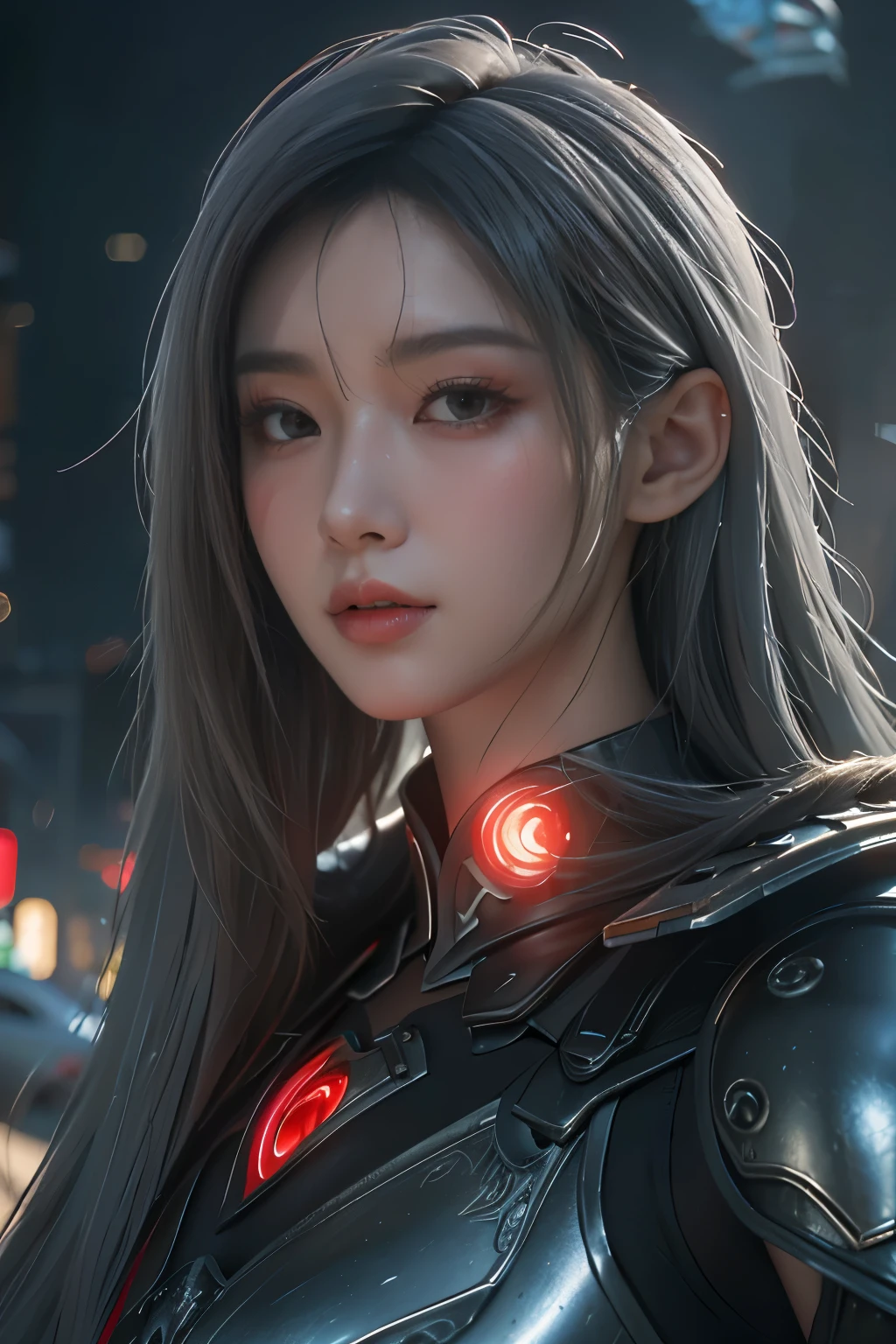 Masterpiece,Game art,The best picture quality,Highest resolution,8K,(Portrait),Unreal Engine 5 rendering works,(Digital Photography),((Portrait Feature:1.5)),
20 year old girl,Short hair details,With long bangs,(The red eye makeup is very meticulous),(With long gray hair:1.4),(Large, full breasts),Elegant and noble,Brave and charming,
(Future armor combined with the characteristics of ancient Chinese armor,Hollow design,Power Armor,The mysterious Eastern runes,A delicate dress pattern,A flash of magic),Warrior of the future,Cyberpunk figures,Background of war,
Movie lights，Ray tracing，Game CG，((3D Unreal Engine))，OC rendering reflection pattern