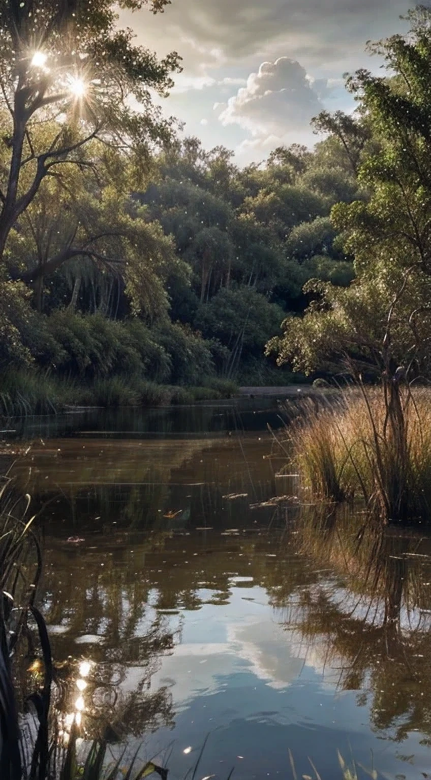 a (lush, serene, tranquil:1.2) (river, marsh, bog, mangrove, mudflat, pond, swamp, billabong, lagoon, lake, floodplain), (reflection, rippling water, flowing water:1.1), (expansive skies, dramatic clouds, mist:1.2), (towering trees, verdant foliage, vibrant undergrowth:1.1), (sunlight filtering through leaves, dappled light, warm lighting:1.2), (wildlife, birds, insects:1.1), (atmospheric, moody, atmospheric:1.1), (highly detailed, photorealistic, ultra-realistic, stunning realism:1.4), (oil painting, painting, digital illustration:1.2)
