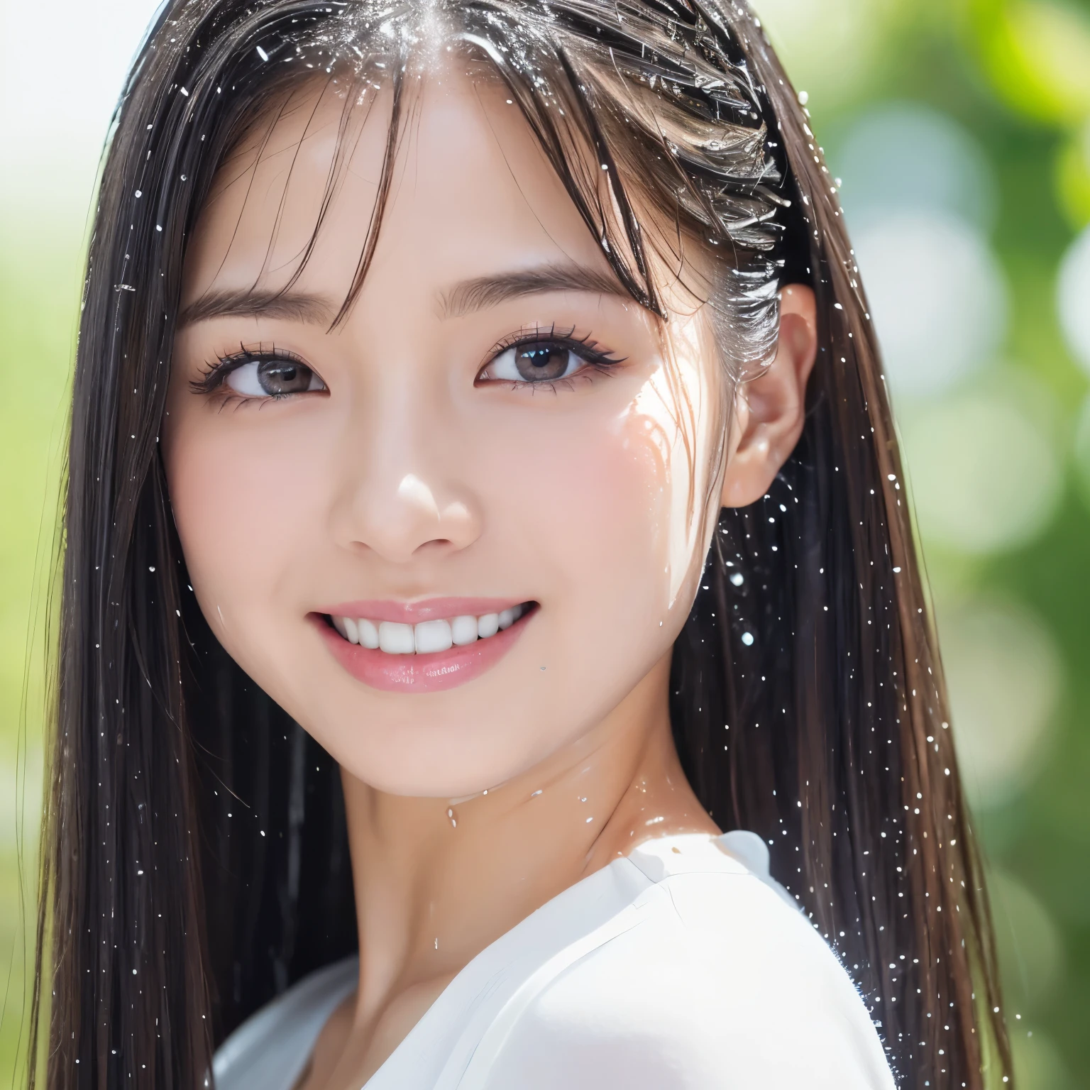 (highest quality、table top、8K、best image quality、Award-winning work)、(One soaking wet beauty:1.1)、(perfect wet white shirt:1.3)、(Fixed front configuration:1.1)、(My skin is visible through my wet shirt:1.1)、brown eyes、(Strongly blurred refreshing green background:1.1)、(Strongly blurred background:1.1)、(Beautiful wet and shiny skin:1.1)、(very bright and refreshing:1.4)、(very cool advertising image:1.1)、big breasts、cleavage、emphasize body line、(the best smile looking at me:1.1)、(Please smile and show your beautiful teeth:1.1)、perfect makeup、With bangs、Ultra high definition beauty face、ultra high definition hair、Super high-definition sparkling eyes、Super high resolution glossy lips、accurate anatomy、(very bright and vivid:1.4)、(Close-up of wet face:1.35)、(Ultra high definition countless water droplets:1.2)、(The most natural and perfect freshwater splash:1.1)、(fresh water splash:1.1)、(Perfectly reproduces the texture of wet hair:1.1)、(wet and shiny skin:1.2)、(wet and shiny hair:1.2)、(Ultra-high definition bright and beautiful skin:1.3)