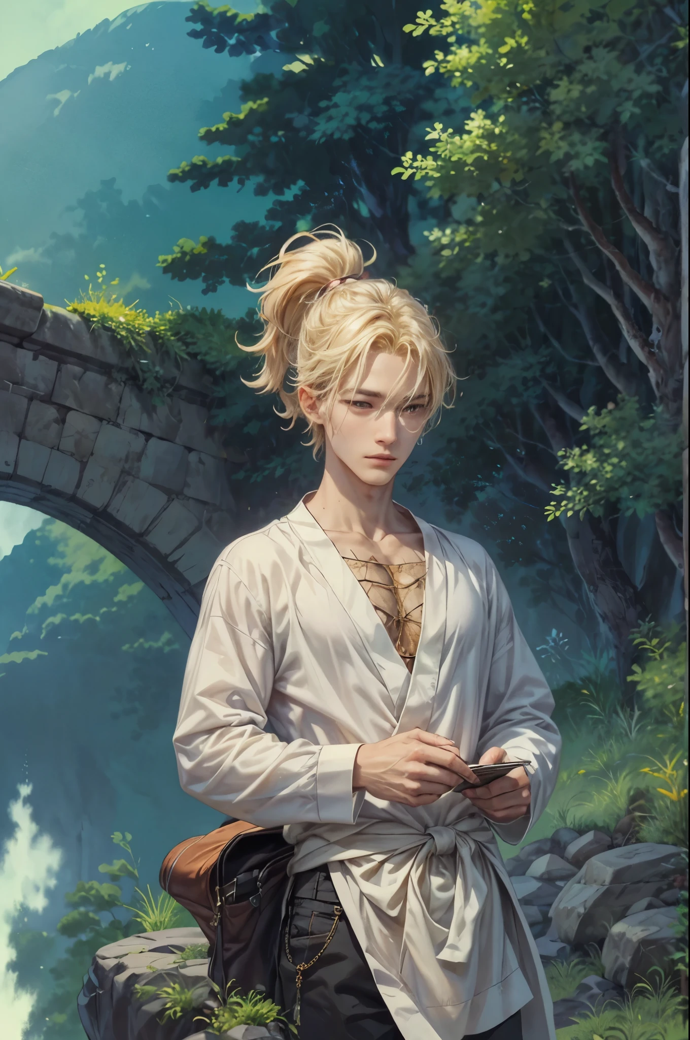 ((Best quality)), ((masterpiece)), (detailed), ((perfect face)), ((halfbody)) Amidst a tranquil slumps, a handsome young blonde korean boy, resides in a cozy cathedral beside the beach, where he channels his creative energy into capturing the enchanting harmony between church and his inner world beach. As day turns to night, the moonlight envelops his canvas, revealing a breathtaking masterpiece that embodies the essence of his soul's journey and the beauty he discovers within himself."