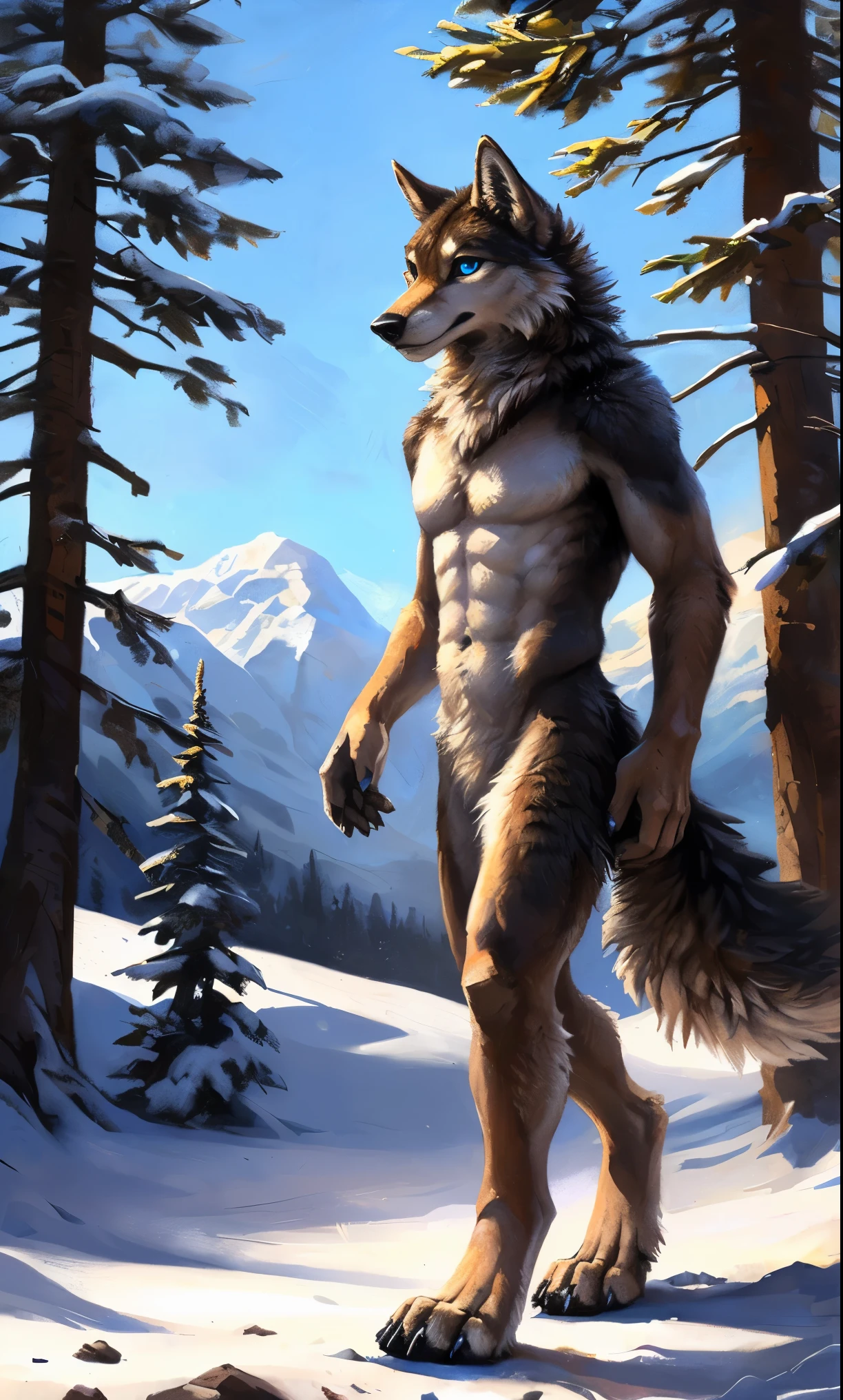 ((Solo)), male people, anthro wolf, (Multi-colored fur, White-brown:1.3,White tail pointed), (Height 2.1m,Tail length 1.5m), ((Wolf face, Big eyes, White eyelids, Blue pupil, Slim:1.2) (Tough, Calm expression:1.2)), Abs, Slim, pinging)), (Correct anatomy), Naked all over the body,A long big tail,Feet,(Realistic fur, Detailed fur texture, labeled:1.3)), (Natural lighting), Photorealistic, Hyperrealistic, ultradetailed, by Kenket,Snowfield,No artifacts, Walking