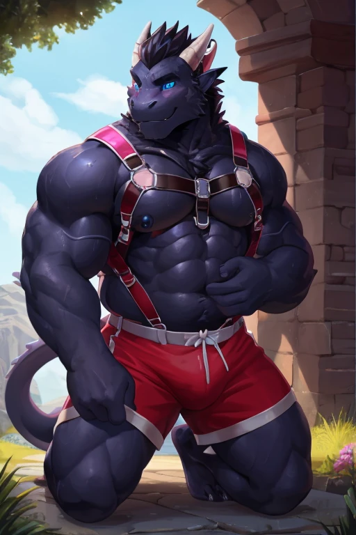 anthropology, dragon, hairy, black and white fur, A place where people congregate, hairy, Sweating, Sparkling blue eyes, Big pink‚ with big‚ abs‚ handsome‚ sex, shy face, collarbone, pink nipples, nipple piercing, kneeling, harness, harness ring, fat, up view, high quality, super detail, wear shorts, wear t- shirt, 1080P, high quality, high quality, best quality, 8k, super detail, 16k, injury, bloods