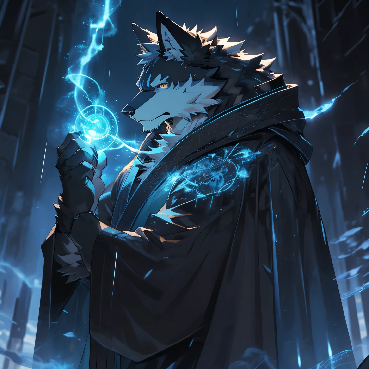 ((best quality)), ((masterpiece)), (detailed), perfect face,solo,kemono,night,fantasy,rainy,thunder,black fur,golden stripes,anthro black wolf.wore a robe that hugged his muscular frame, with a long blue cloak draped over his shoulders.golden eyes,magic,wizard