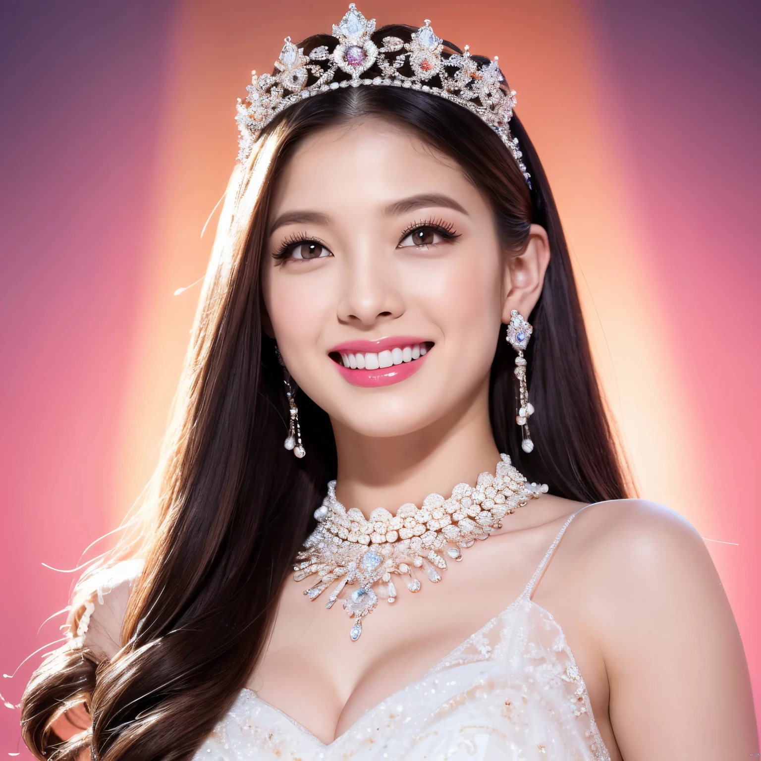 (highest quality、table top、8K、best image quality、Award-winning work)、One beautiful bride、The most extravagant and finest huge wedding dresses、The most extravagant and finest giant tiara、The most luxurious and finest giant necklace、the best smile looking at me、Large quantity of finest jewelry ornaments、(Deep and symmetrical front structure:1.1)、upper body photo、perfect makeup、long eyelashes、Super high-definition sparkling eyes、ultra high definition hair、ultra high resolution glossy lips、Super high resolution perfect teeth、Beautiful face in super high resolution、(accurate anatomy:1.1)、(Beautiful skin that shines very brightly:1.2)、(very bright and vivid:1.2)