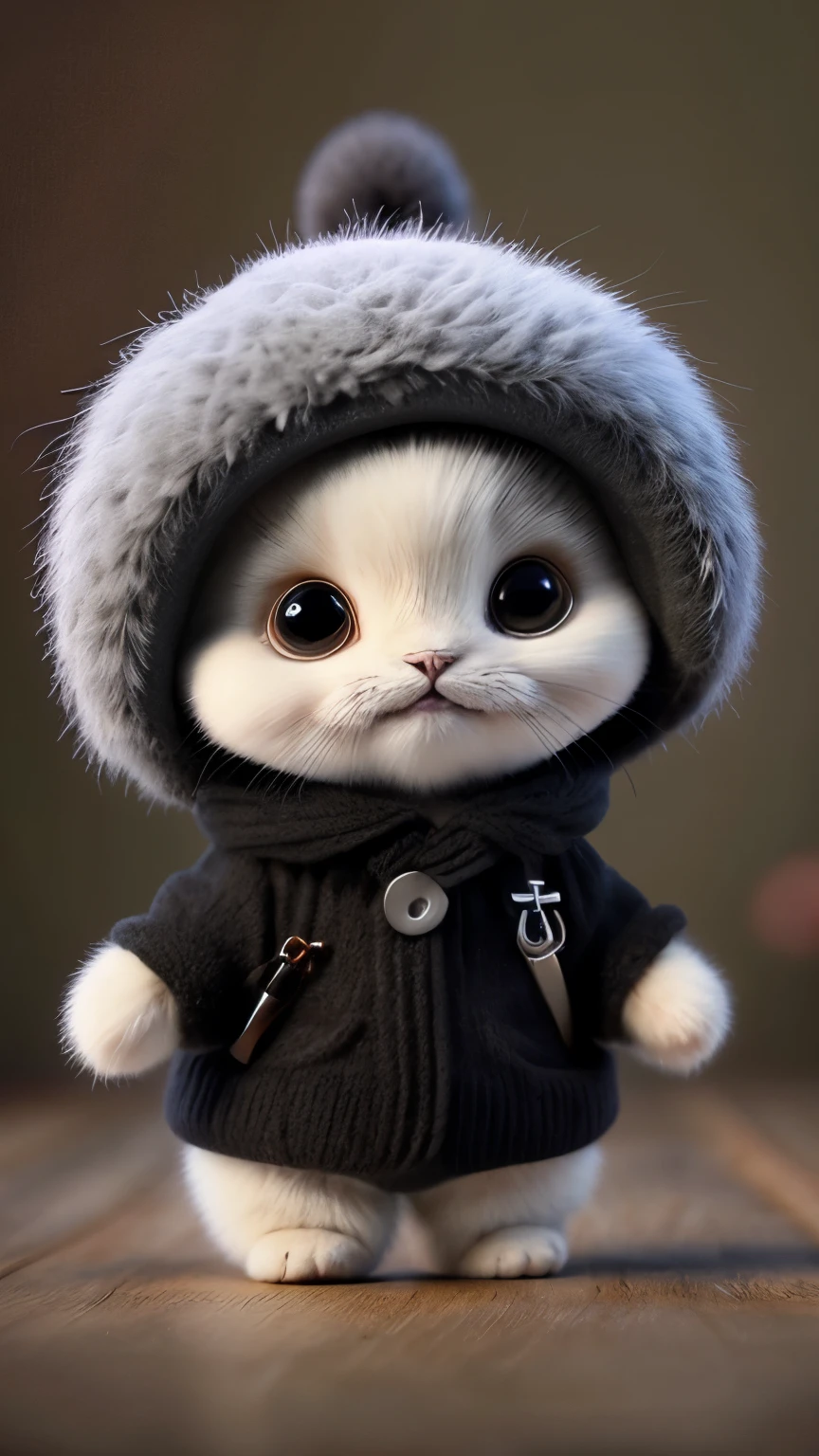 the cutest black kitten、Fluffy fur、3D、short torso、one hand raised、wearing clothes、