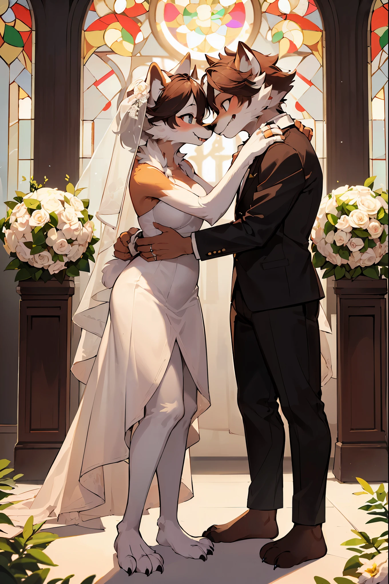 dinosaur,a father (he had been brainwashing by his second son,crossdressing,Sex with his second son every day, wear sexy Wedding lingerie,bride of his second son,have one's first night,,swear live as the wife of his second son for life) ,an empty abandoned church,in front of the confessional table