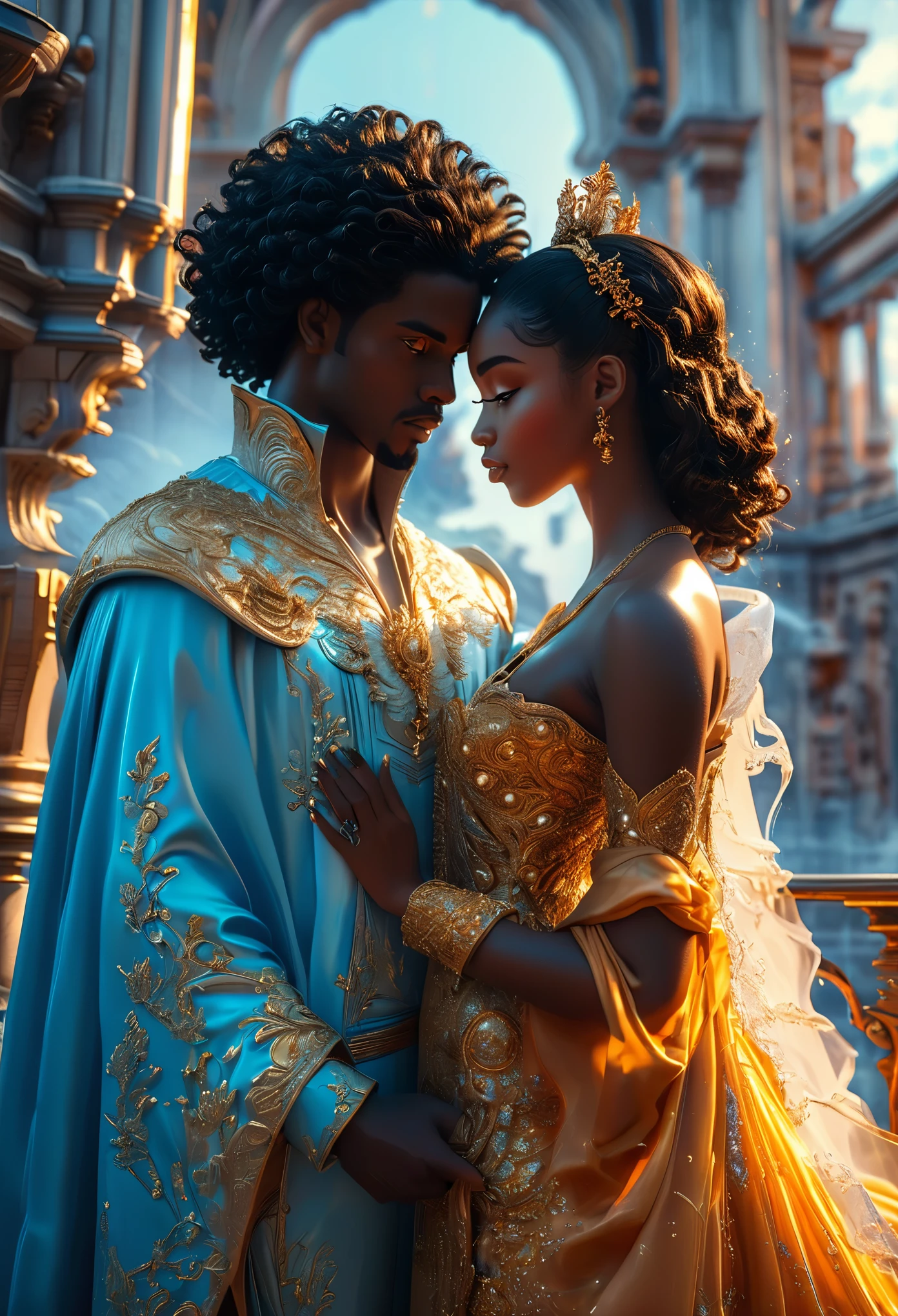 Novel in celestial landscape, a beautiful young darkskin couple with (((a young female judge with afro hair))) with (((a young imperial duke with long black hair))), with desire, hot couple, (((very beautiful))), perfect faces, whole body, romantic scene, romantic Way, sexy couple, 8K, extremely detailed, (high quality, realistic, photorealistic: 1.37), Full body, ideal proportions and defined complexion, meticulously crafted features, unreachable beauty, perfection, artistic masterpieces, vivid realism, hyper-detailed sculptures, life-like forms, truly awe-inspiring, impeccable craftsmanship, pure radiance, ethereal beauty, delicate contours, striking poses, sublime beauty, subtle nuances, dynamic compositions, vibrant colors, perfect lighting, soulful expressions, celestial aura, majestic presence, dreamlike atmosphere, unmatched gdetailed octane render trending on artstation, 8 k artistic photography, photorealistic concept art, soft natural volumetric cinematic perfect light, chiaroscuro, award - winning photograph, masterpiece, oil on canvas, beautiful detailed intricate insanely