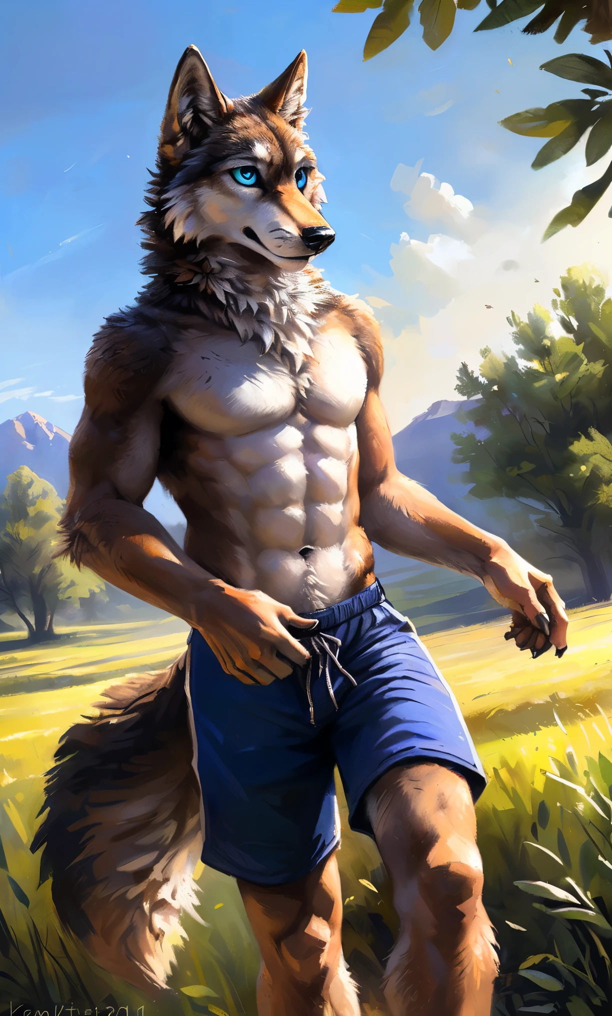 ((Solo)), male people, anthro wolf, (Multi-colored fur, White-brown:1.3,White tail pointed), (Height 2.1m,Tail length 1.2m), ((Wolf face, Big eyes, White eyelids, Blue pupil, Slim:1.2) (Tough, Calm expression:1.2)), Abs, Slim, pinging)), (Correct anatomy), (Work shorts:1.1), The upper body naked, (detailed outfits),A long big tail,Feet,(Realistic fur, Detailed fur texture, labeled:1.3)), (Natural lighting), Photorealistic, Hyperrealistic, ultradetailed, by Kenket,Field,erect through,Running on