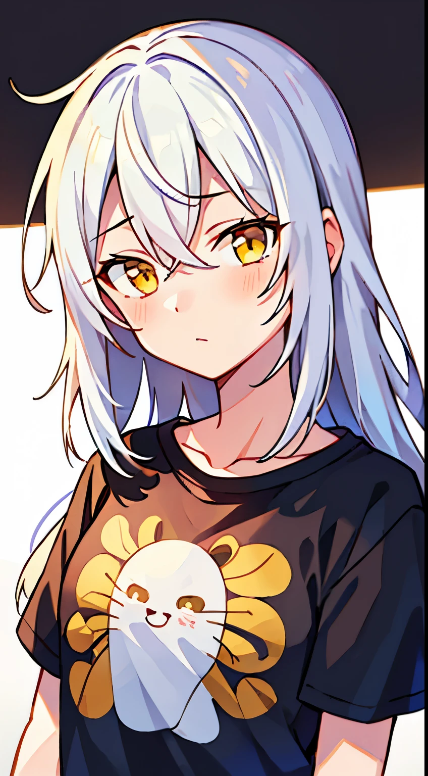 masterpiece, best quality, solo,
long hair, wavy hair, curly hair, silver hair, yellow eyes, t-shirt, hairpin, light smile,
portrait, simple background, hugging own legs,