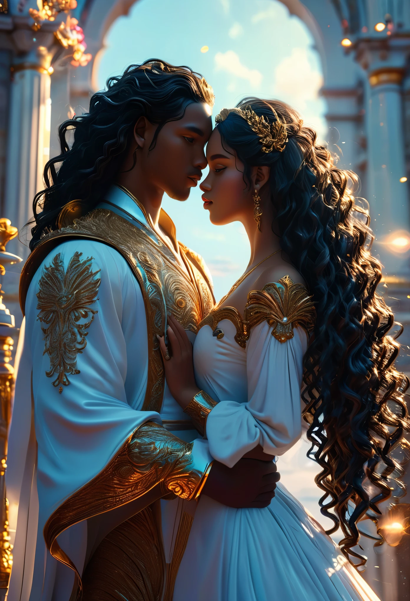 Novel in celestial landscape, a beautiful young darkskin couple with (((a long black hair young judge))) with (((a young imperial dangerous warrior with long black curly hair))), ennemies, very beautiful, perfect faces, whole body, romantic scene, romantic Way, sexy couple, 8K, extremely detailed, (high quality, realistic, photorealistic: 1.37), Full body, ideal proportions and defined complexion, meticulously crafted features, unreachable beauty, perfection, artistic masterpieces, vivid realism, hyper-detailed sculptures, life-like forms, truly awe-inspiring, impeccable craftsmanship, pure radiance, ethereal beauty, delicate contours, striking poses, sublime beauty, subtle nuances, dynamic compositions, vibrant colors, perfect lighting, soulful expressions, celestial aura, majestic presence, dreamlike atmosphere, unmatched gdetailed octane render trending on artstation, 8 k artistic photography, photorealistic concept art, soft natural volumetric cinematic perfect light, chiaroscuro, award - winning photograph, masterpiece, oil on canvas, beautiful detailed intricate insanely