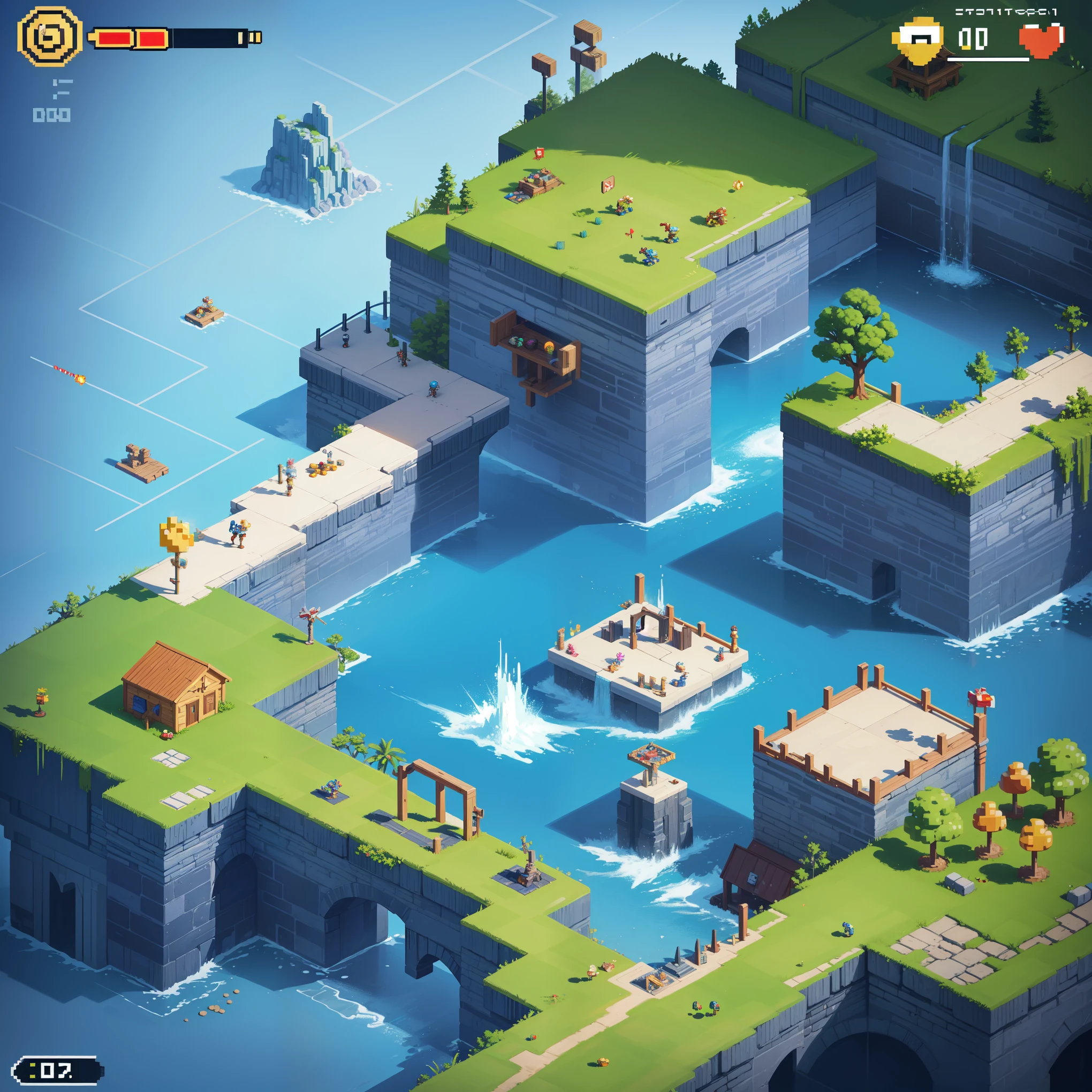 (best quality,4k,8k,highres,masterpiece:1.2),ultra-detailed,(pixel,game),retro,vibrant colors,isometric landscape,blocky characters,arcade game,8-bit graphics,cartoonish style,playful atmosphere,dynamic movements,horizontal scrolling,high score challenge,strategic puzzles,multi-level levels,animated sprites,creative level design,immersive gameplay,retro music,special power-ups,enemies and obstacles,achievements unlocked,player's high score leaderboard,retro gaming inspired,joystick and button controls,game over screen,game instructions,interactive menu screen,level select screen,coin collecting