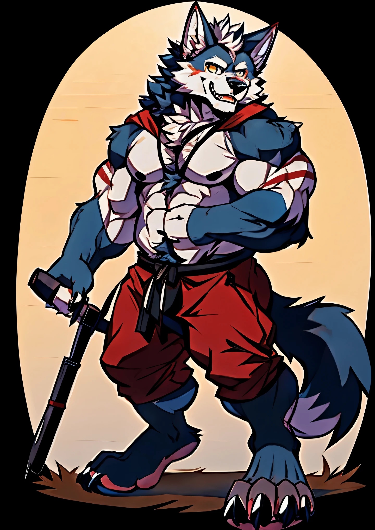 Human-wolf,musculous,Hairy all over,clawed paws,erect through