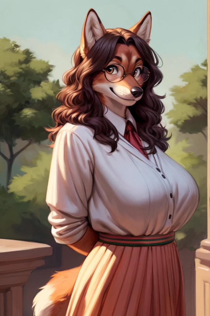 By meesh, by bebebebebe, by spuydjeks, by mellonbun, solo, female, standing, canine, (snout, wavy hair), smiling, looking at viewer, hands behind back, big breasts, red wolf, (glasses, designer clothes, gucci)