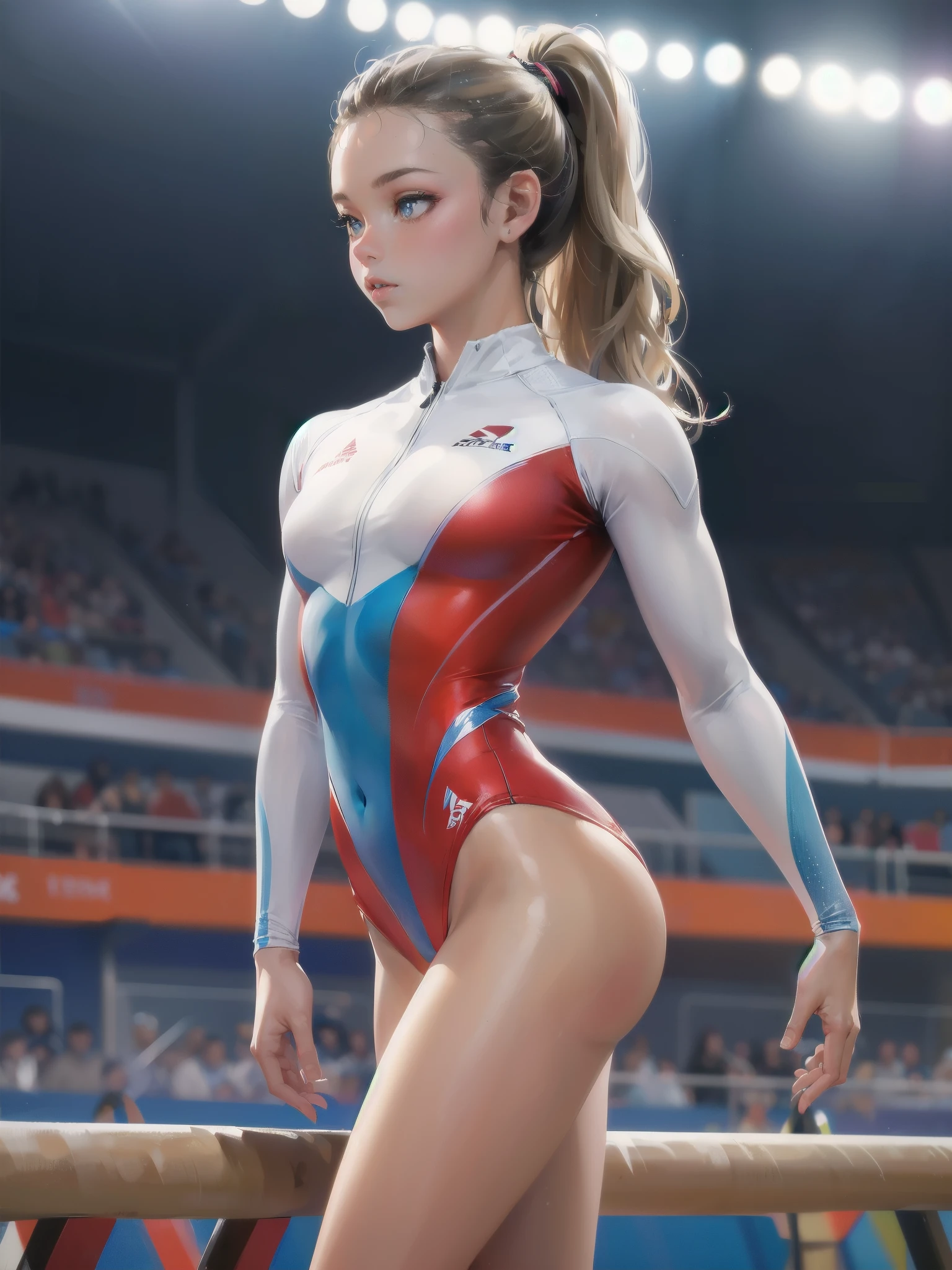 high quality,HD,16k,sharp lines,1 girl,Female gymnastics athlete ,cute face, large breasts, nice legs,At the gymnastics venue,focus girl,detailed beautiful face,detailed clothes,beautiful eyes,cool,dynamic angle