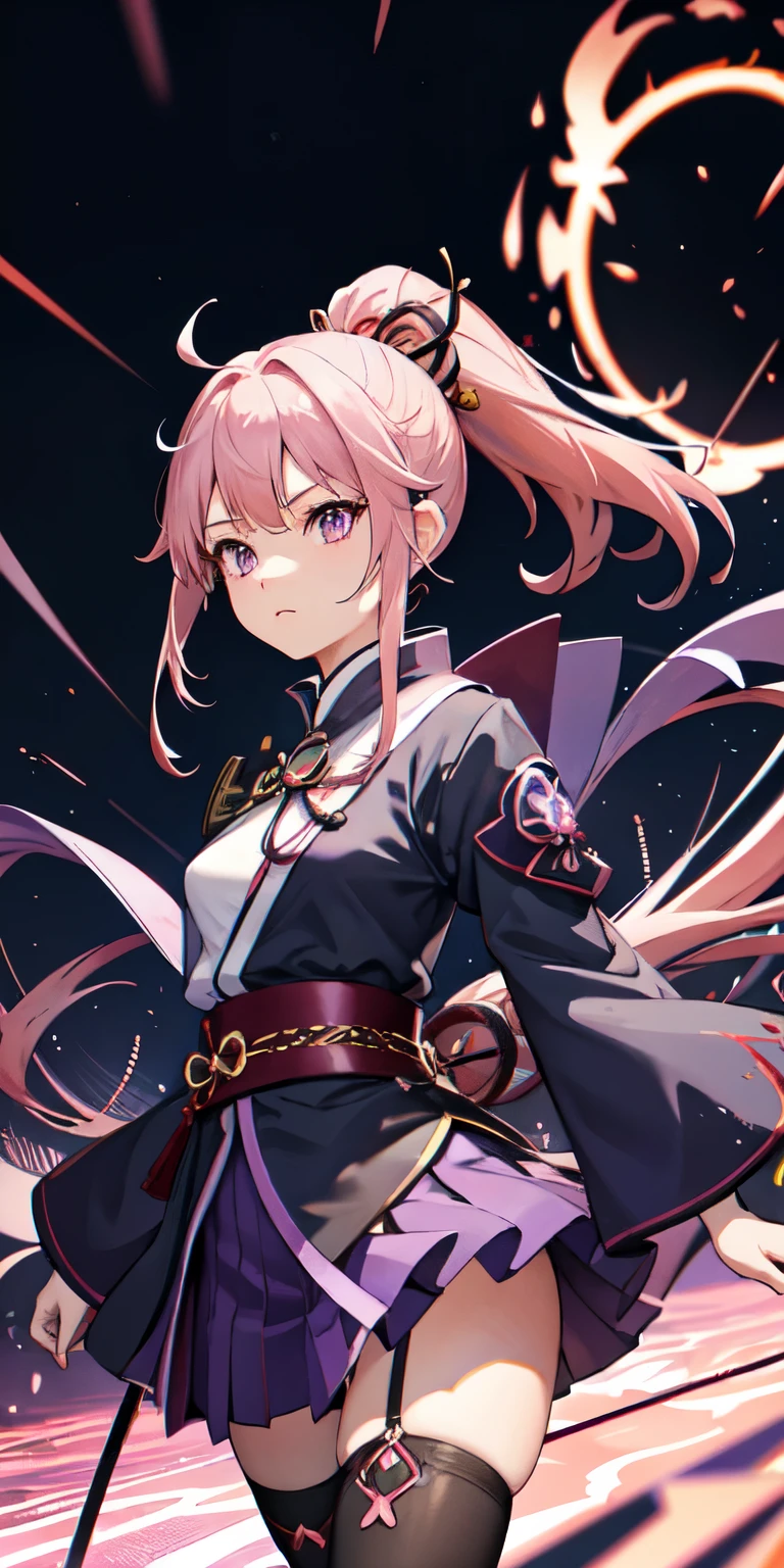 1girl, japanese clothes, ponytail ,pink hair, purple eyes, magic circle, blue fire, blue flames,small , wallpaper, landscape, blood, blood splatter, depth of field, night, light particles, light rays, sidelighting, thighs, fate \(series\), genshin impact, ****, open jacket, skirt, thighhighs