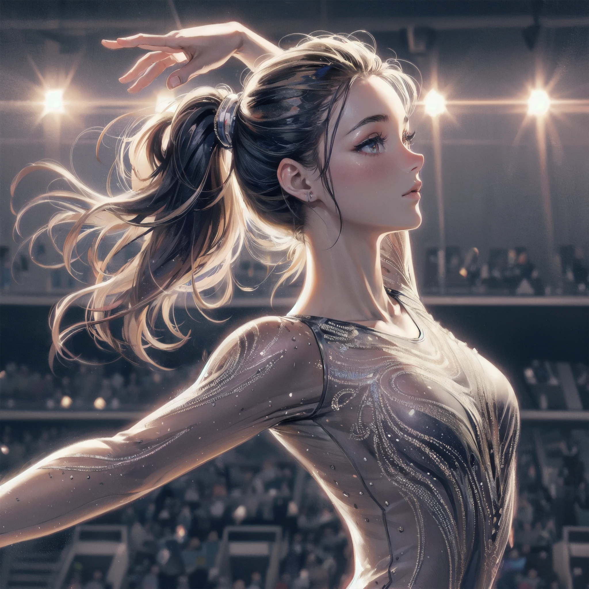 high quality,HD,16k,sharp lines,1 girl,Female gymnastics athlete ,cute face, large breasts, nice legs,At the gymnastics venue,focus girl,detailed beautiful face,detailed clothes,beautiful eyes,cool,dynamic angle