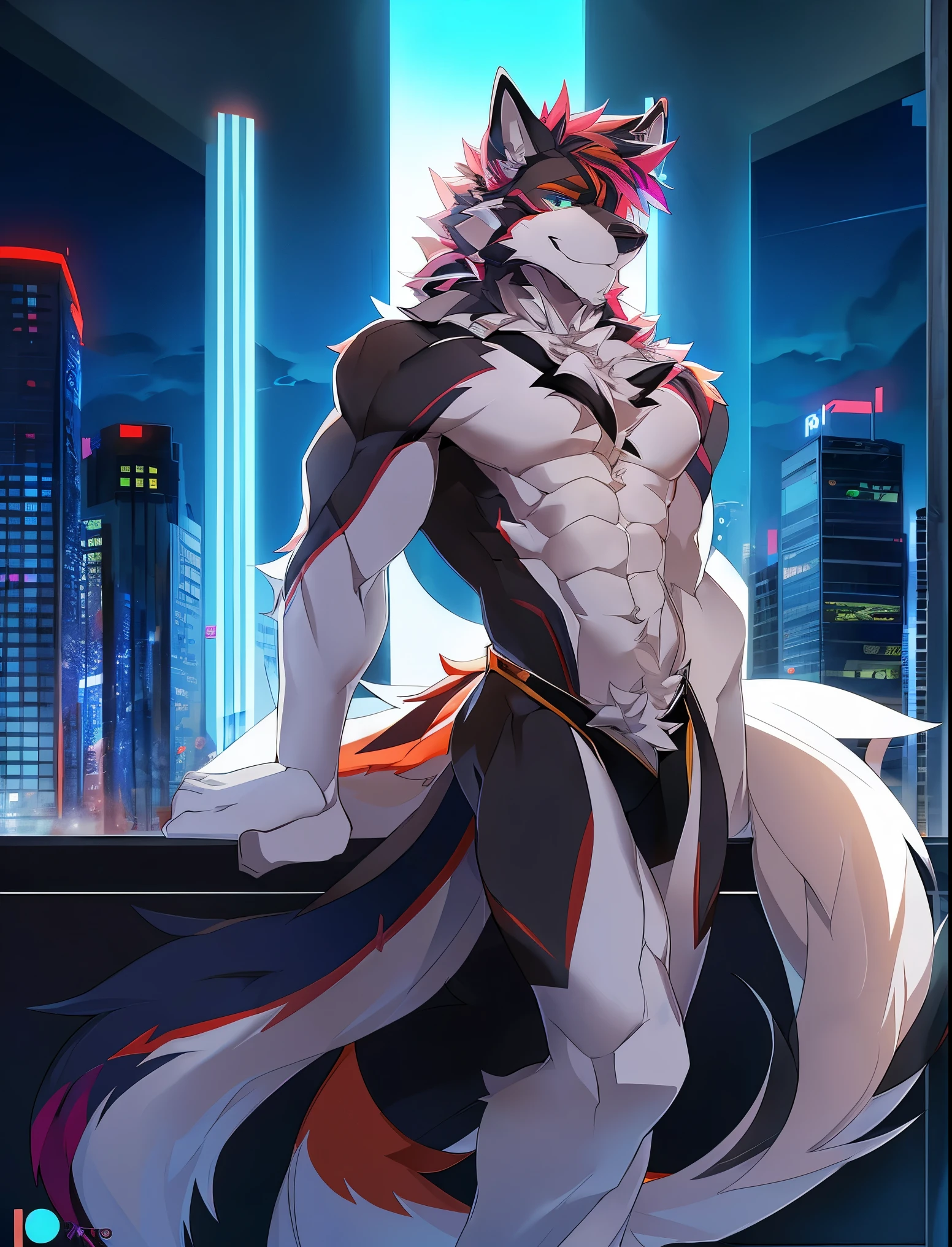 ((Solo)), male people, anthro wolf, (Multi-colored fur, White tail pointed), (Height 3meters,Tail length 2meters), Abs, pinginuscular, A long big tail, by patto, modern city