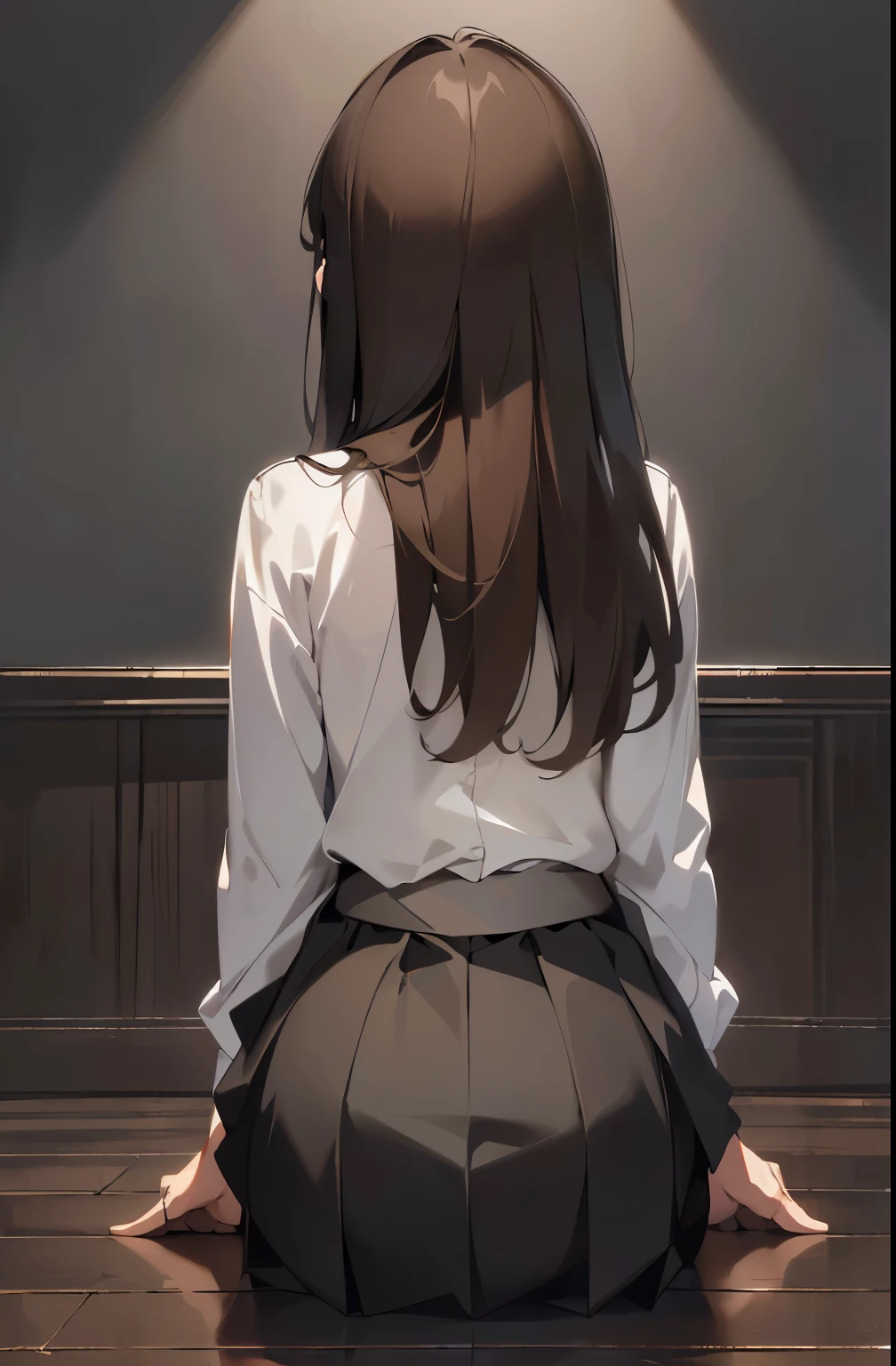 ({ masterpiece : best quality : high resolution : unity 8k wallpaper : illustration : extremely detailed face : perfect lighting : extremely detailed CG : perfect anatomy } { background = horror theme : dark room} { character = solo : long hair : light brown hair : white shirt : black tie : skirts : fit body : view from behind : sitting kneeling }
