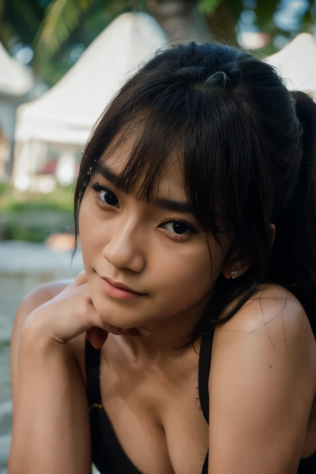 freya from JKT48, idol, indonesian girl, , black bikini, cute face, on the beach, close up, looking at camera, cinematic, sharp lense, professional photographie, 70mm lense, soft light, , 4k