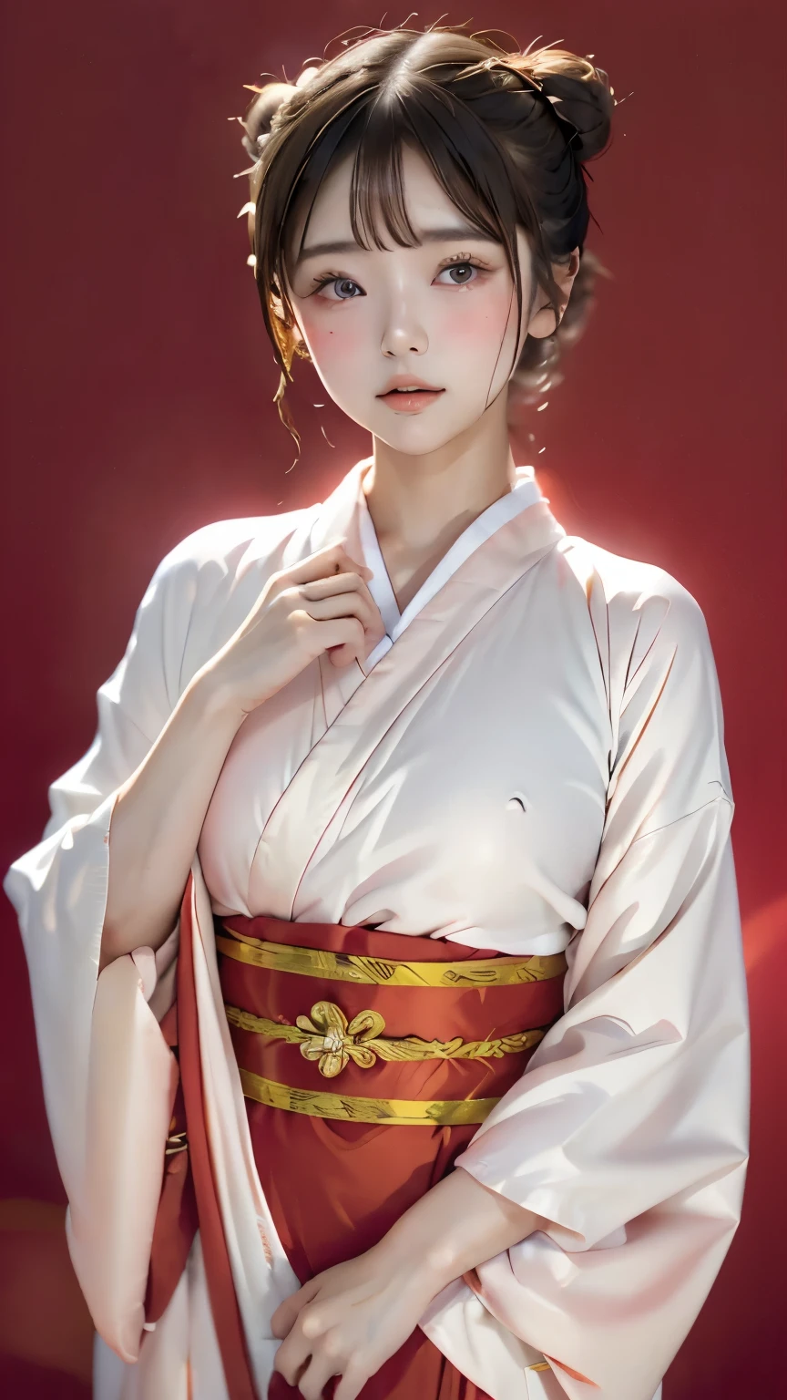 8K、wallpaper、super detailed、beautiful beautiful、masterpiece、highest quality、perfect anatomy、one girl、、beautiful black hair、(((bun hair:1.3、blonde hair)))、Japanese、Big pink、(((Pure white kimono)))、very detailed、dynamic angle、cowboy shot、the most beautiful shape、elegant、Bright colors、romance、atmosphere、(((red background、明るいred background)))