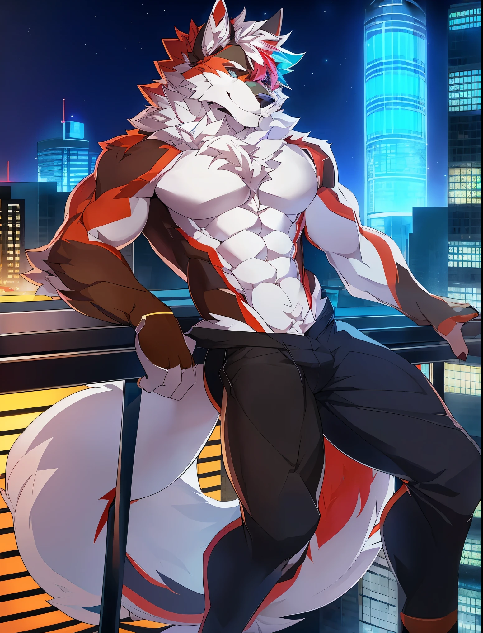 ((Solo)), male people, anthro wolf, (Multi-colored fur, White tail pointed), (Height 3meters,Tail length 2meters), Abs, pinginuscular, A long big tail, by patto, modern city