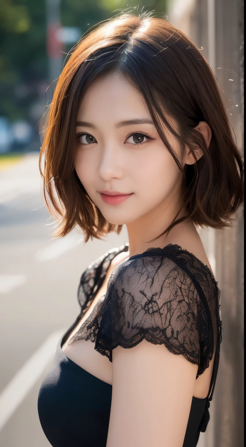 masutepiece, Best Quality, Illustration, Ultra-detailed, finely detail, hight resolution, 8K Wallpaper, Perfect dynamic composition, Beautiful detailed eyes,Short bob hair,Big Natural Color Lip, Bold sexy poses,Smile,Shibuya、a 25 year old girl、Cute、Subject looking at sexy pose on camera,Gravure Model Pose、Hair flutters in the wind