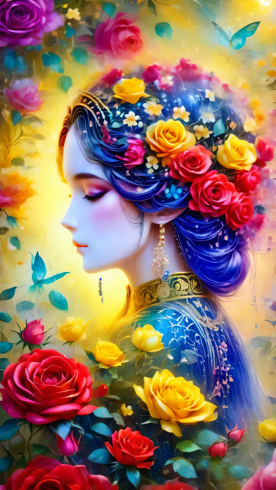 (Side face beauty,long colored hair,close eyes,masterpiece roses),Rainbow color background, (illustration:1.2,paper art:1.2, Zentangle:1.2, 3D rendering),(best quality, detailed details, masterpiece, official art, Lighting effects, 4K, chiaroscuro)