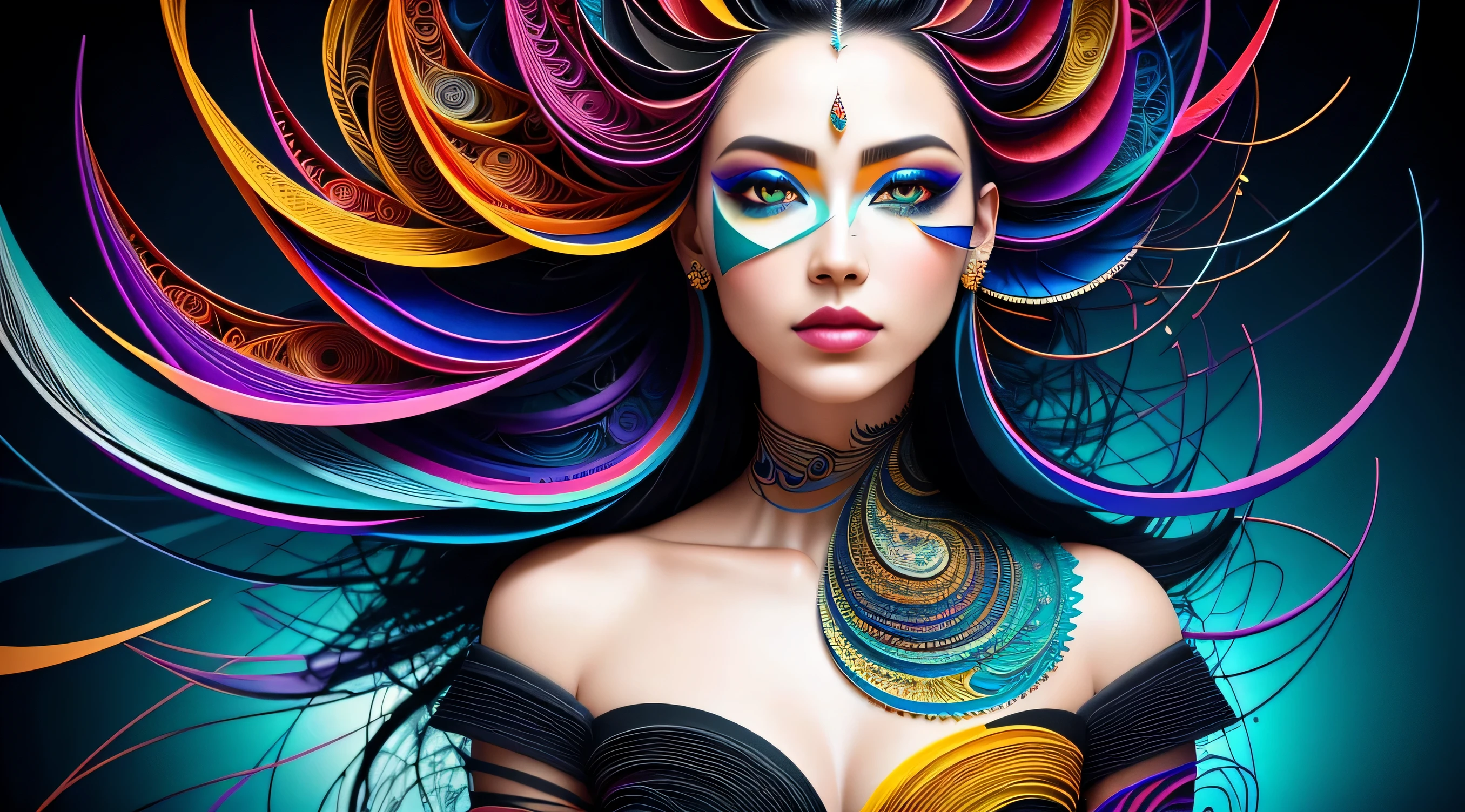 ultra detailed artistic abstract photography of Geometrical Woman, 32k trendy abstract poster of a beautiful woman, hair made of 3D paper quilling design, abstract paper quilling, detailed symmetric hazel eyes with circular iris, shattered paper fragments, natural body posture, by artist russ mills, art by alberto seveso, by Carne Griffiths, by Wadim Kashin, symmetrical, abstract artstyle, intricate complex watercolor painting, sharp eyes, digital painting, color explosion, concept art, voluminetric lighting, TanvirTamim, 3D octane render, 8k. by artgerm, trending on artstation, cinematic 4d, Epic cinematic brilliant stunning intricate meticulously detailed dramatic atmospheric maximalist digital matte painting, realistic, complementary colors