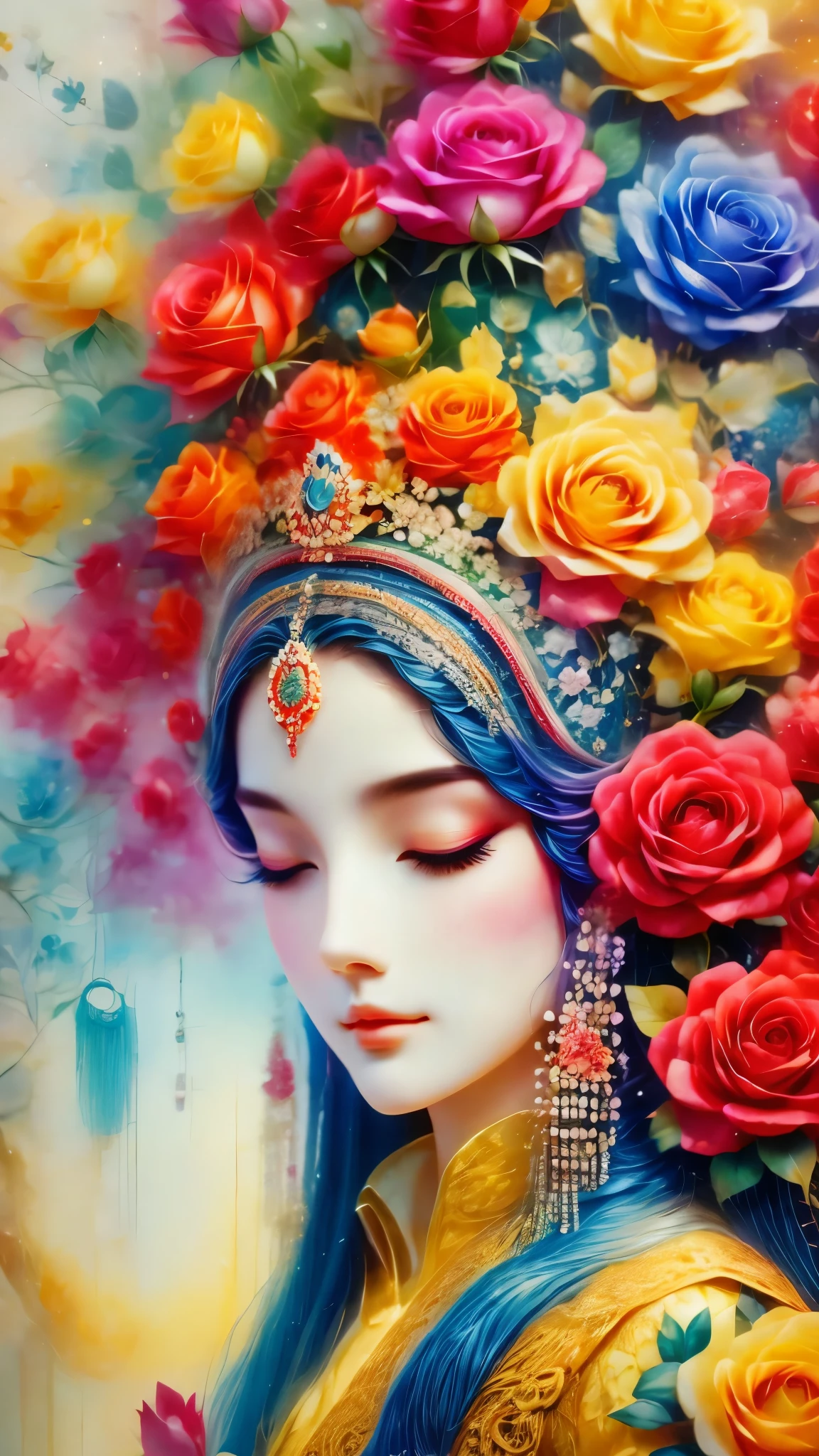 (Side face beauty,long colored hair,close eyes,masterpiece roses),Rainbow color background, (illustration:1.2,paper art:1.2, Zentangle:1.2, 3D rendering),(best quality, detailed details, masterpiece, official art, Lighting effects, 4K, chiaroscuro)