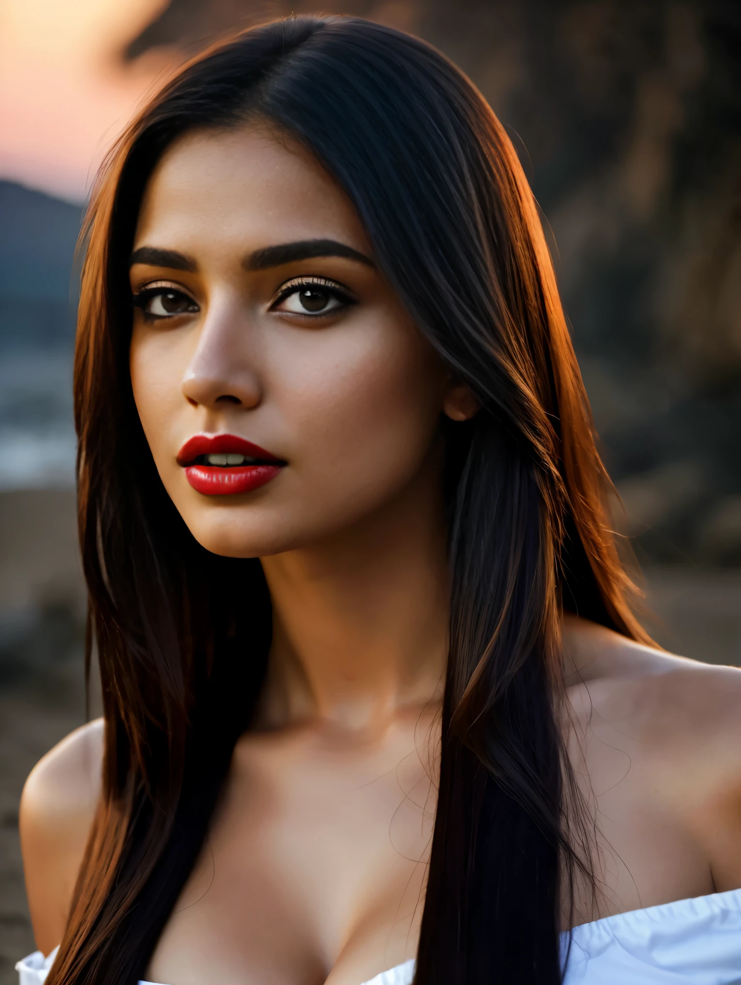 Ultra realistic cinematic soft light and ultra detailed red hour portrait,1girl in, age19, Solo, Long hair, Colossal tits, Looking at Viewer, black hair, 32 inch medium size beautiful breast, Bare shoulders, Brown eyes, Full body, off shoulders, (red football t-shirt), Realistic, A sexy, 4K, max quality, small breasts, super sharp image, 8K, beautiful pose, playboy model, photo session, red lips, headshot, masterpiece, sex bomb, kashmiri, detailed body, Egyptian dress, chewing lips, highly detailed, seducing, seductive,face only, perfect lightening, white skin, good bright lightening, beach , 