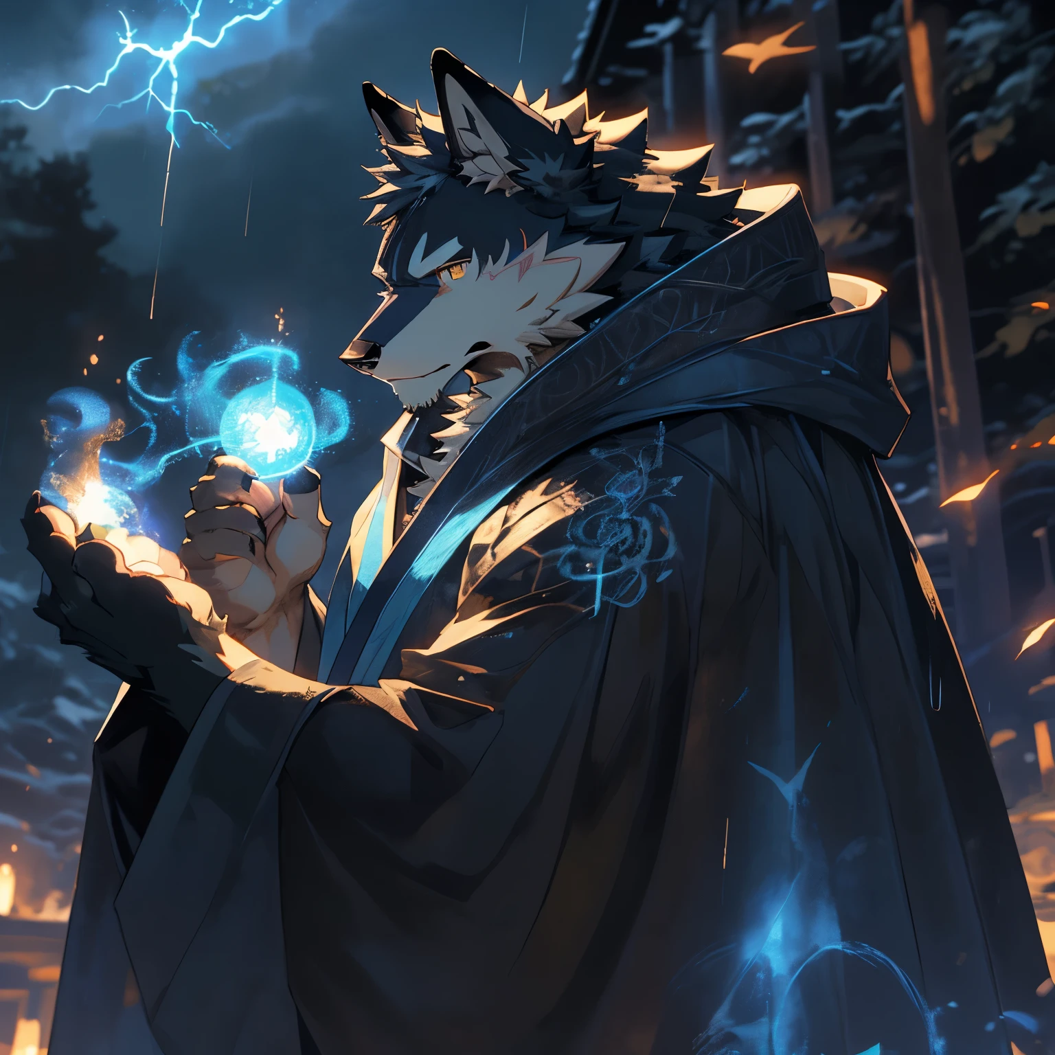 ((best quality)), ((masterpiece)), (detailed), perfect face,solo,kemono,night,fantasy,rainy,thunder,black fur,golden stripes,anthro black wolf.wore a robe that hugged his muscular frame, with a long blue cloak draped over his shoulders.golden eyes,magic,wizard