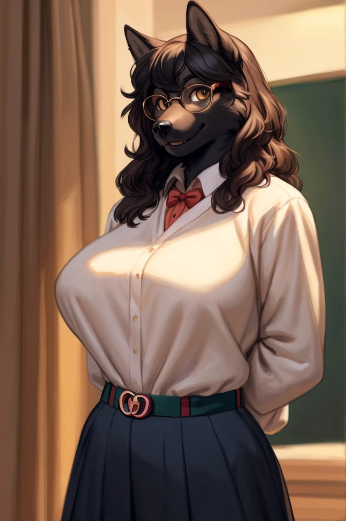 By meesh, by bebebebebe, by spuydjeks, by mellonbun, solo, female, standing, canine, (snout, wavy hair), smiling, looking at viewer, hands behind back, big breasts, black wolf, (glasses, designer clothes, gucci)
