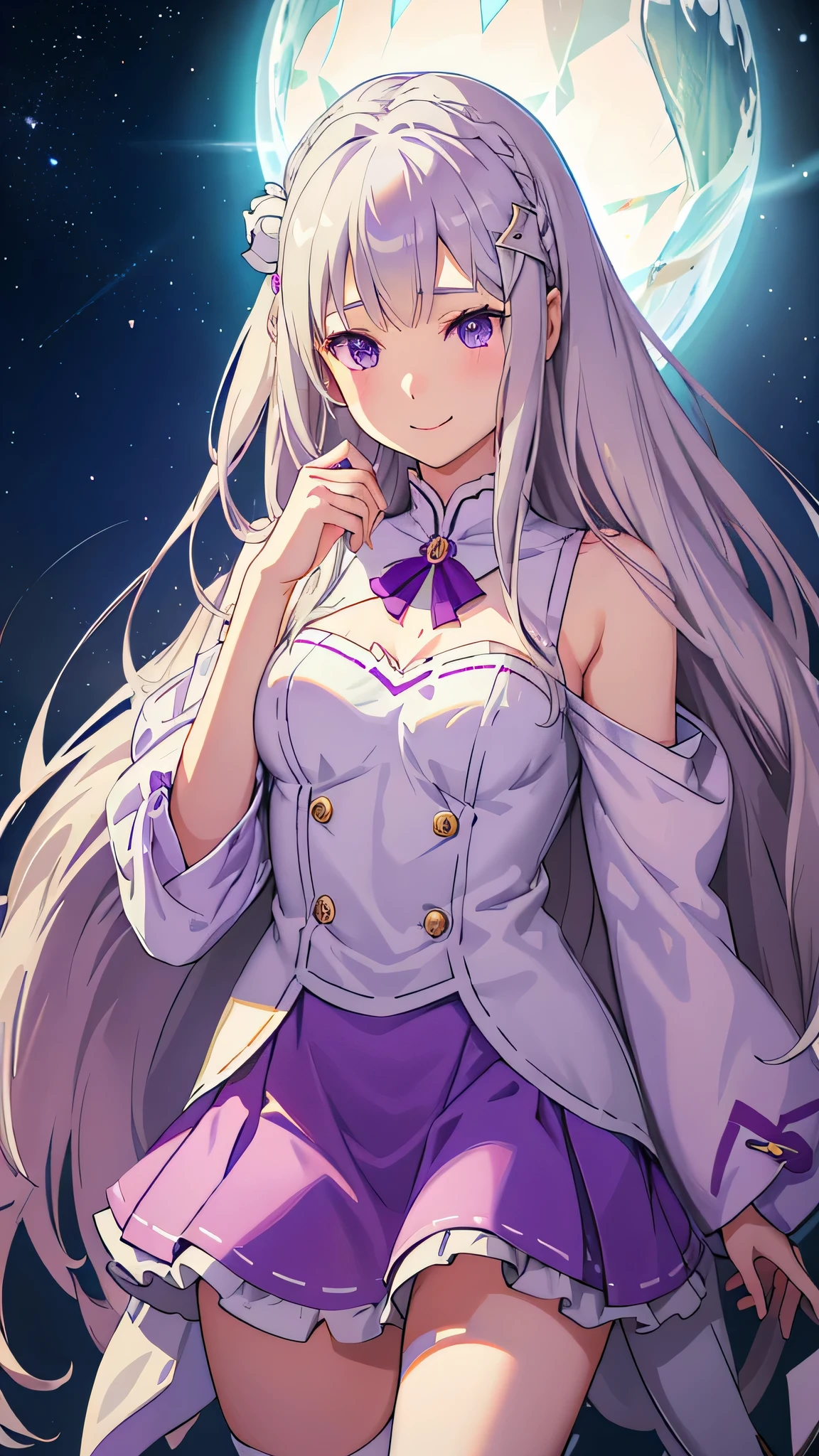 realistic、one girl、 Emilia Lee:zero、crown blade、flower hair ornament、×hair ornament、gray hair、long hair、purple eyes、fantasy、The magic effect of ice、illumination、pieces fly、smile、mini skirt、white knee high socks、
