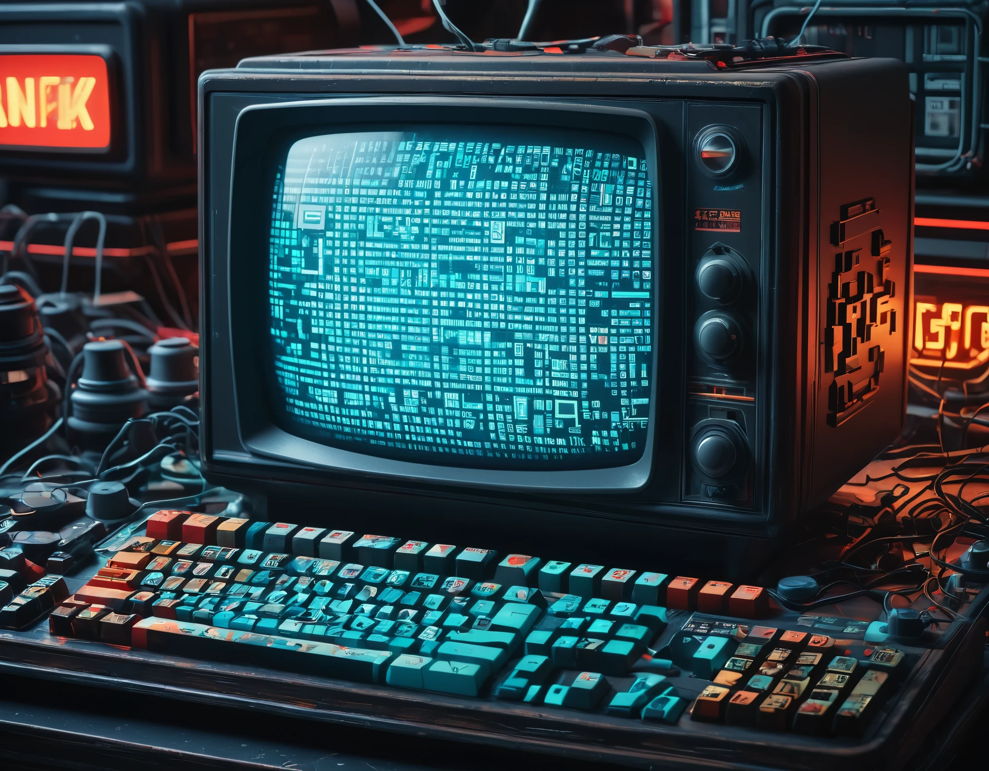 (best quality,4k,8k,highres,masterpiece:1.2),ultra-detailed (realistic,photorealistic,photo-realistic:1.37),pixel art,retro TV,digital art,stereoscopic pixel art,vibrant colors,historical style,glitch effects,detailed CRT screen,8-bit aesthetics,scanlines,low resolution,interlacing,analog distortion,static noise,color bleeding,artifacts,broken pixels,antique atmosphere,neon lights,retro gaming vibes,unique textures,limited color palette,chunky pixels,sharp edges,intricate shading,authentic retro feel,digital manipulation,keyboard and mouse input,geometric patterns,retro fonts,vintage technology,old-school visuals,retrofuturism sci-fi theme,animated pixels.