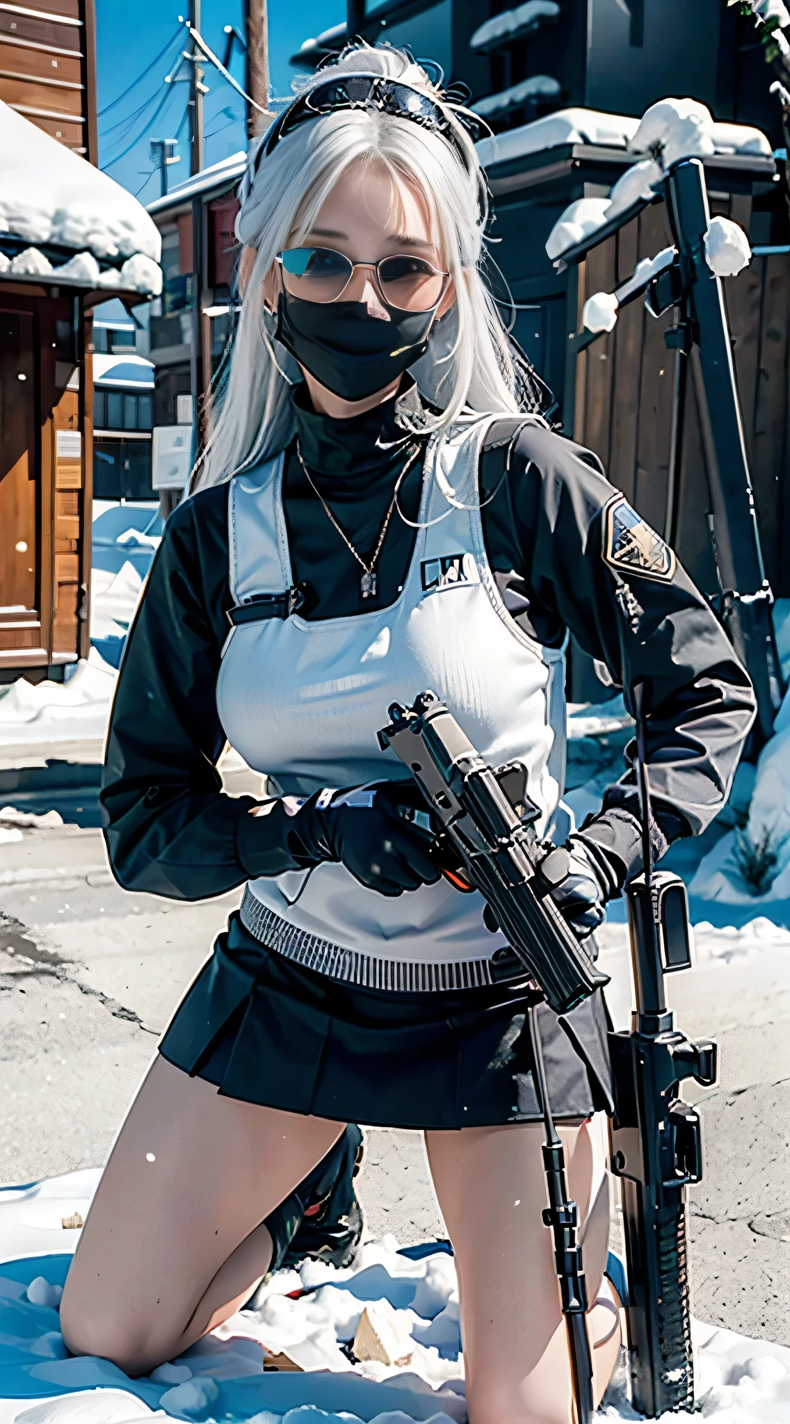 ((Best quality)), (Masterpiece), Photorealistic, Photorealism, 1 girl kneeling and aiming with an AK-47 assault rifle, Mini skirt, (upper legs), Photorealistic, high resolution,Snow background, looking to the camera, (Detailed face), White hair, SWAT vests, Gun, jewelry，Black gloves, sunglasses on head, Fingers are occluded, medium breast