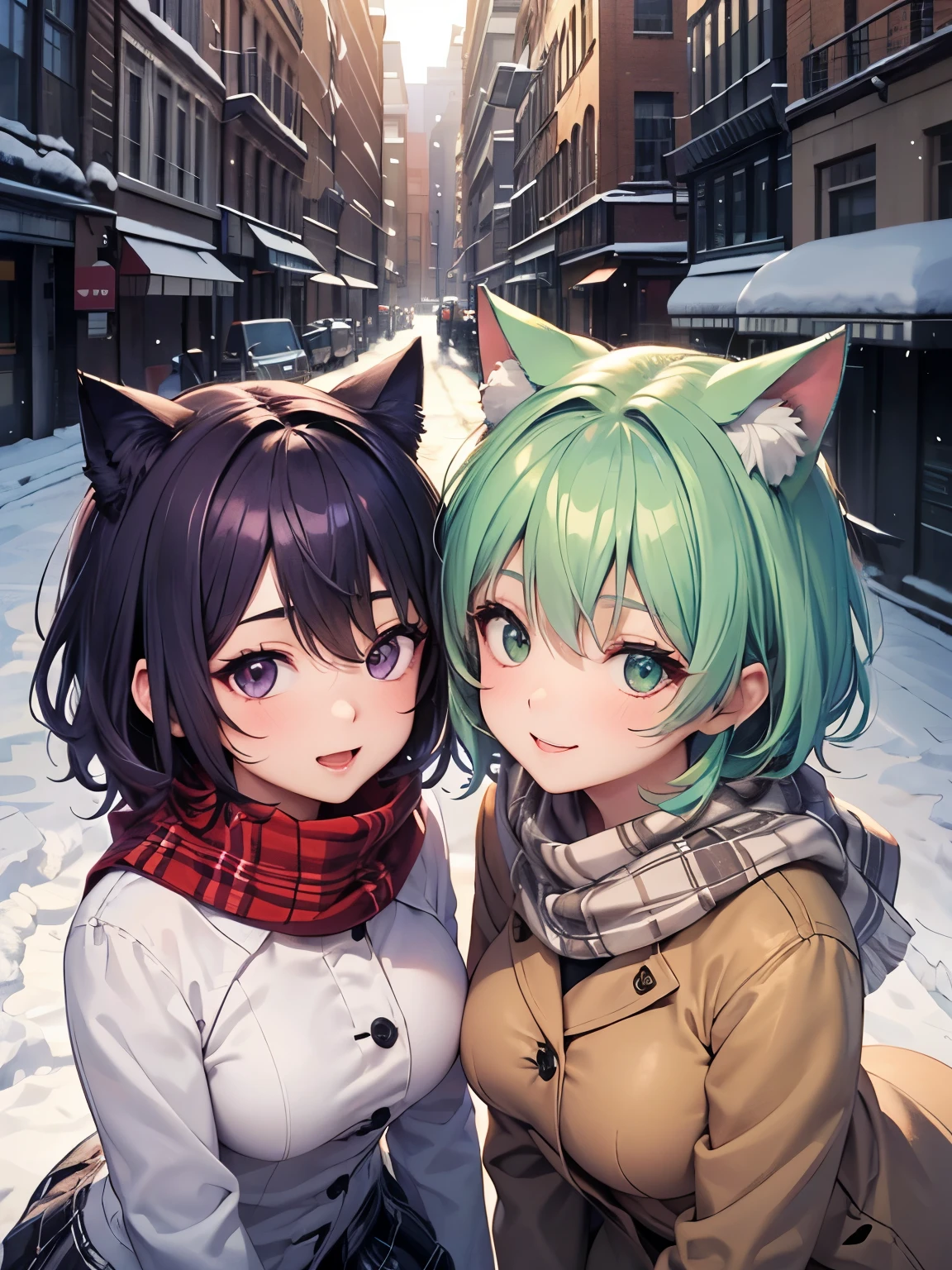 highest quality,wonderful,masterpiece,delicate,ultra high resolution,Super detailed,intricate details,beautiful,8K resolution,(Highly detailed CG Unity 8K wallpaper),sharp focus、anime、fiction、two women、dark green hair girl 、purple hair、Metallic colored hair、short hair、Cat ear、big breasts、vivid hair、Shaggy hair、messy hair、vivid skin、Glossy skin、 face、lolita、short、kawaii、beautiful瞳、happiness、Pleasure、smile、lesbian、asymmetry、long red scarf with plaid pattern、beige coat、black knit、warm clothes、snow、building、outdoor、black knee socks、thighs、
