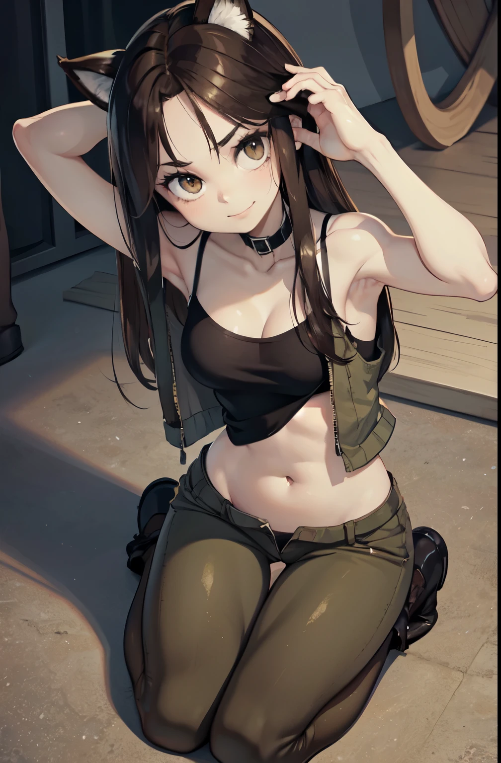 (very young slim fit a short, slender girl, long disheveled dark brown hair, large brown eyes, rounded face, a strand of bangs between the eyes, shy smile), (perfect flat breast:1.3), band on head with fake cat ears, ahud, parororo, (khaki military trousers, boots, black tight T-shirt with a short collar and a large neckline), m1l1t4r7