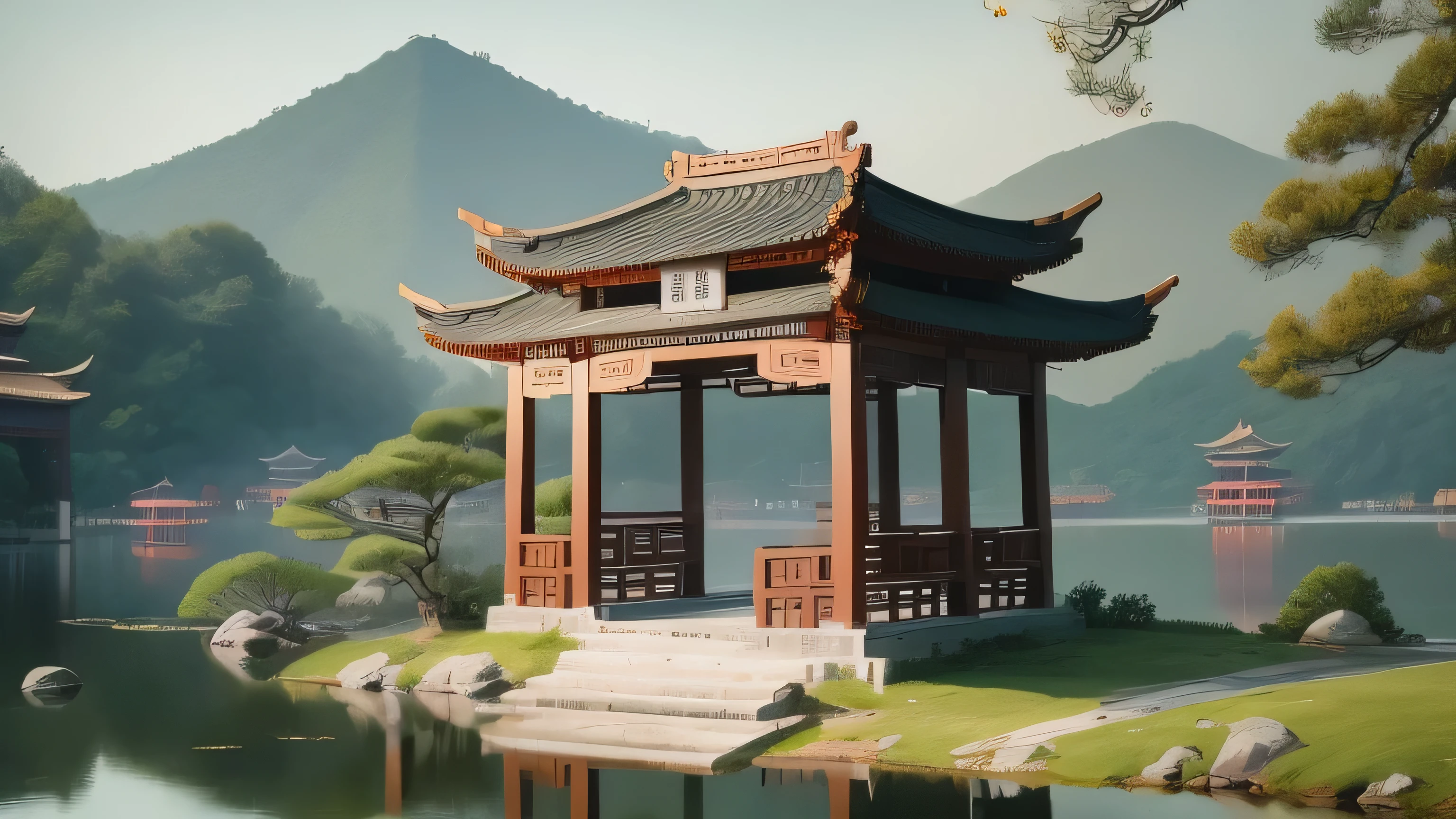 cartoon style，Scenery outside the court，Ancient Chinese traditional ink painting style，Hangzhou，west lake，stone bridge，pavilion，Willow，lake water，distant mountains，Baiyun，super wide angle，Ray tracing，great masterpiece，High quality ancient Chinese style，Beautiful scenery、、Tradition Chinese Ink Painting style、