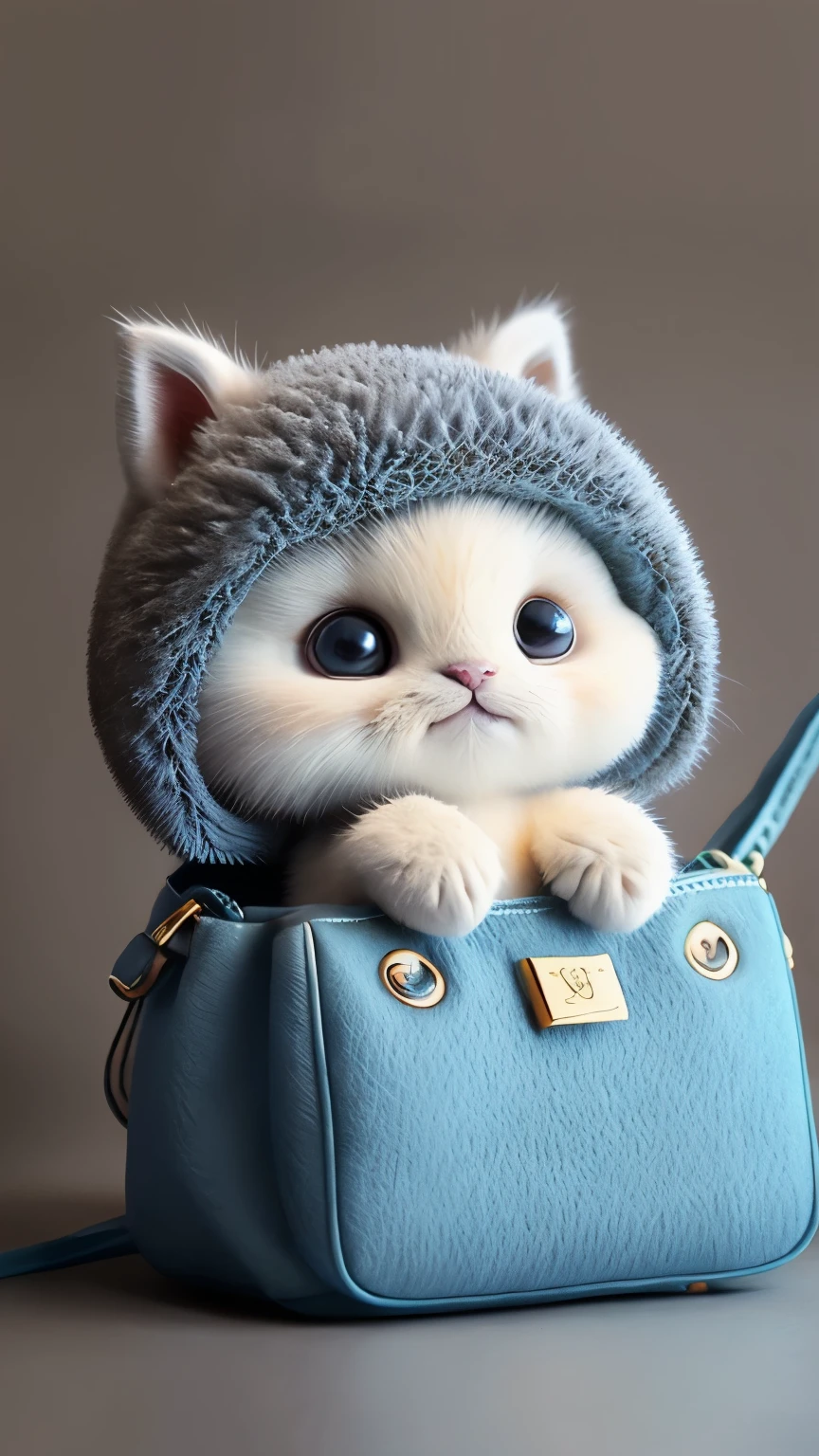 the cutest kitten、3D、Fluffy fur、wearing clothes、short body、I have a bag、flowers are blooming、bright atmosphere、Gentle atmosphere、dream-like impression、